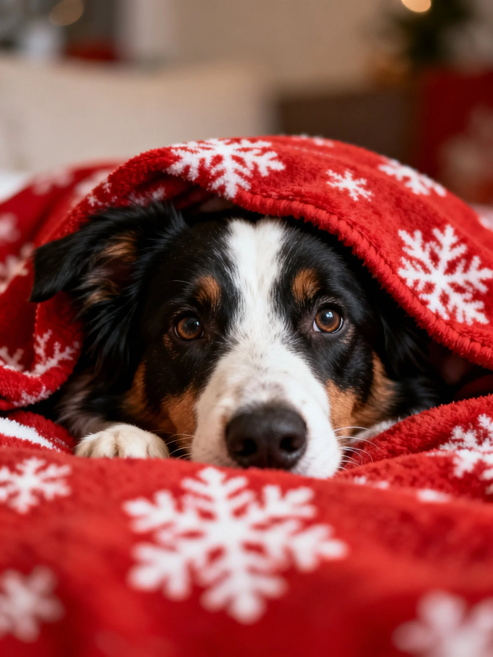 A dog peeks out from a red snowflake blanket.