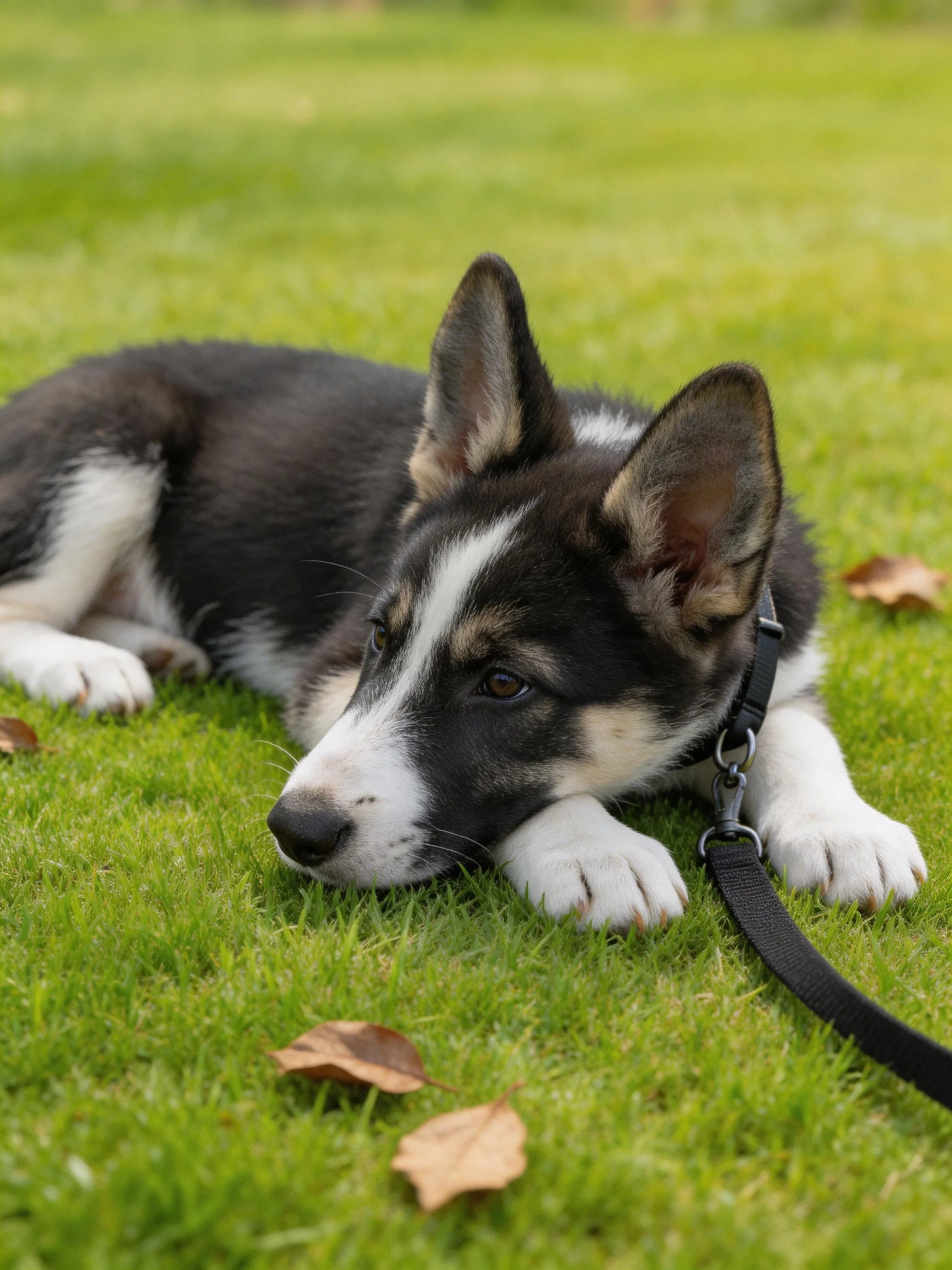 A multicolored puppy lies on grass amid fallen leaves.