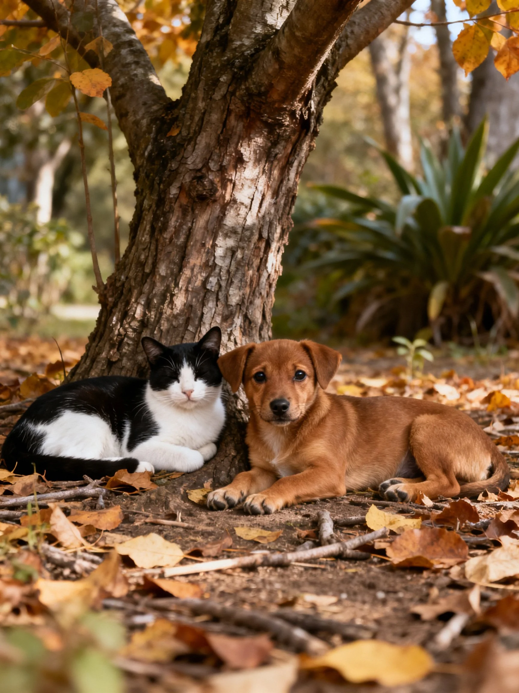 A black - white cat and brown puppy rest near a large tree with fallen autumn leaves