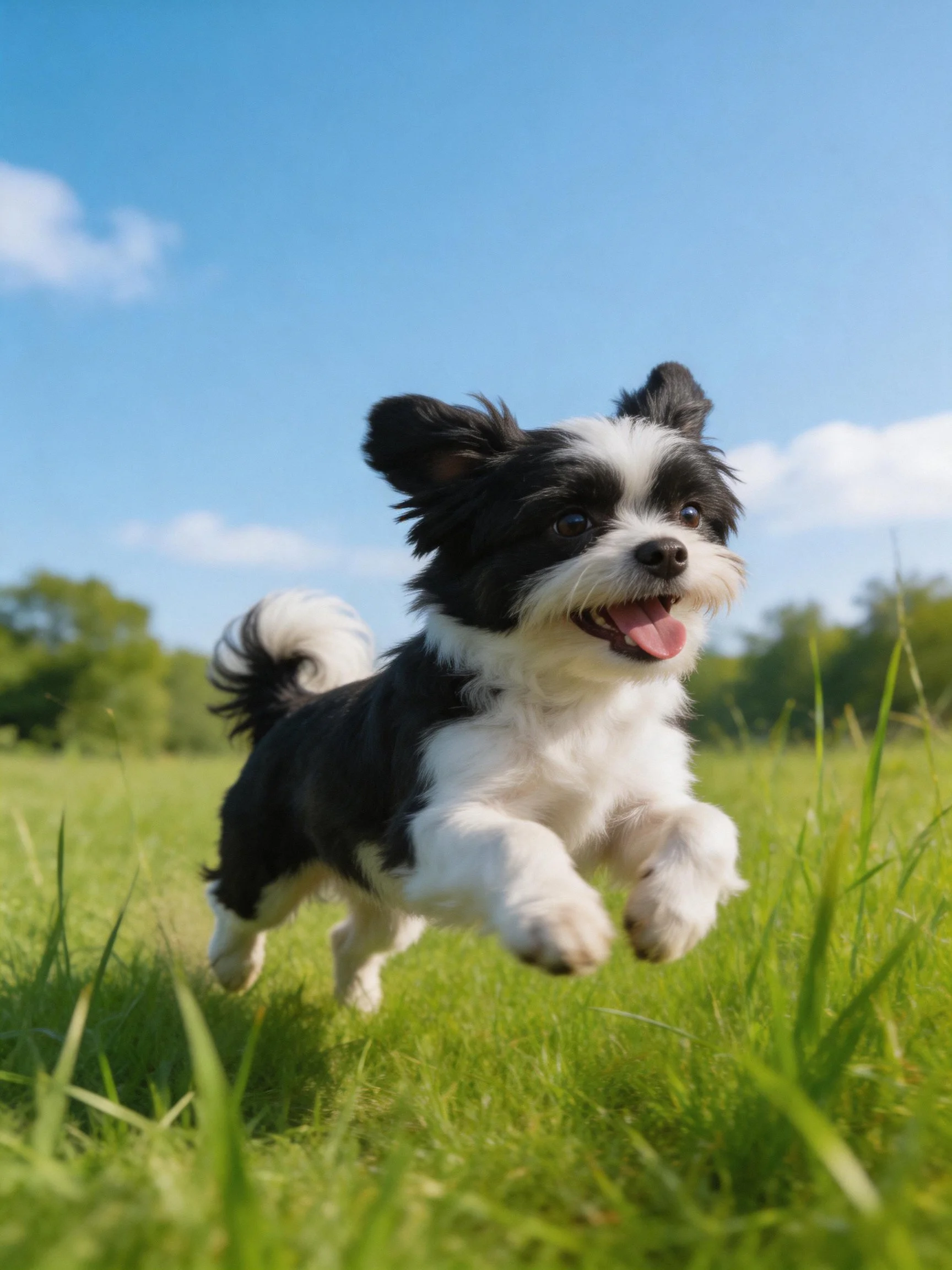 A black - white dog runs happily through a sunny meadow.