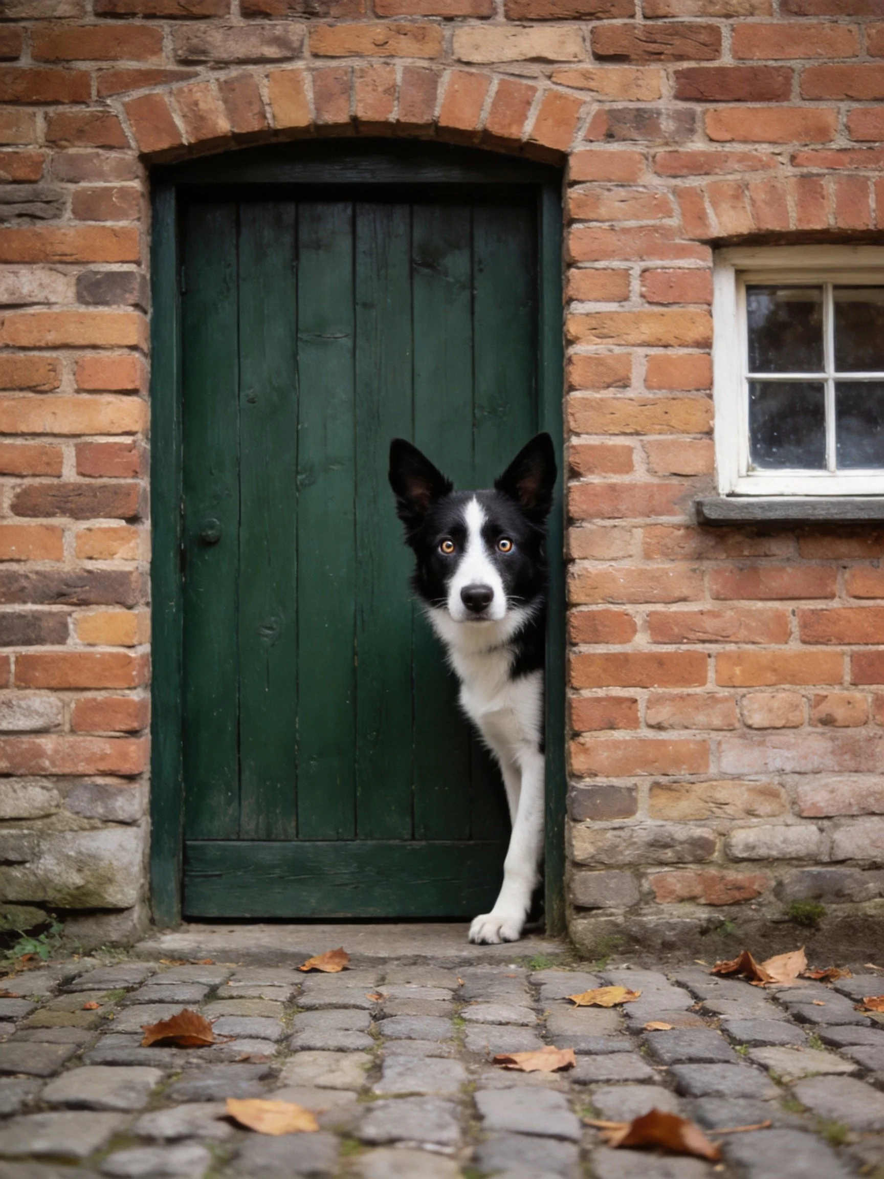 A black - white dog peeks from a green wooden door in a brick building.