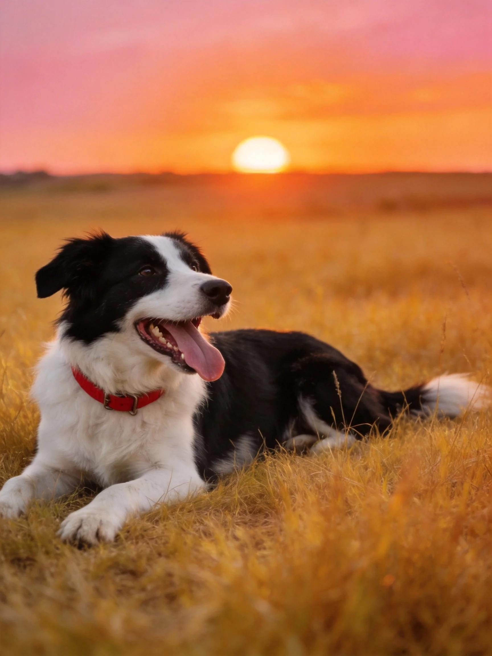 A black - white dog relaxes in golden grass beneath a vivid sunset
