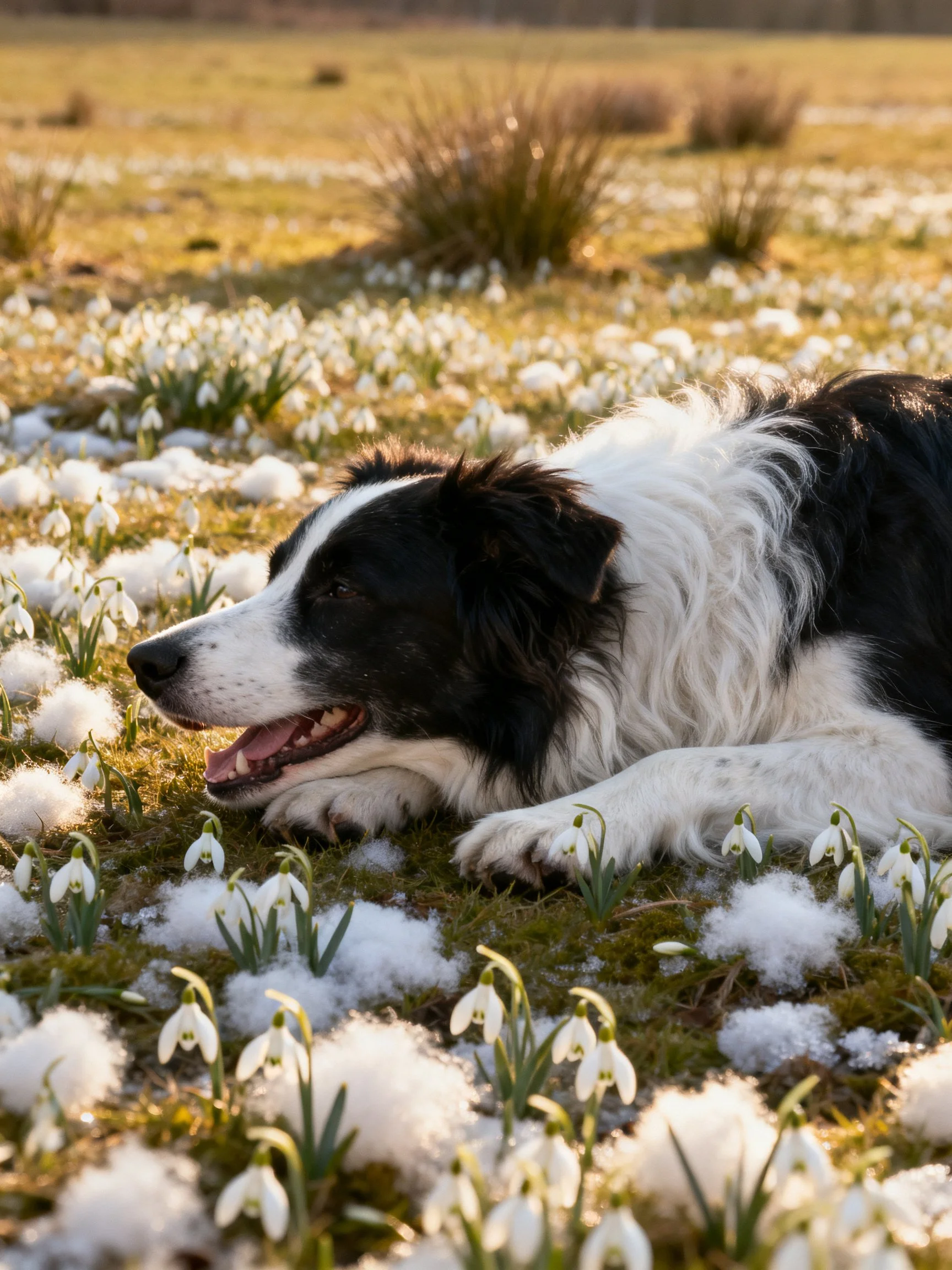 A black - white dog relaxes in a field of snowdrop flowers.