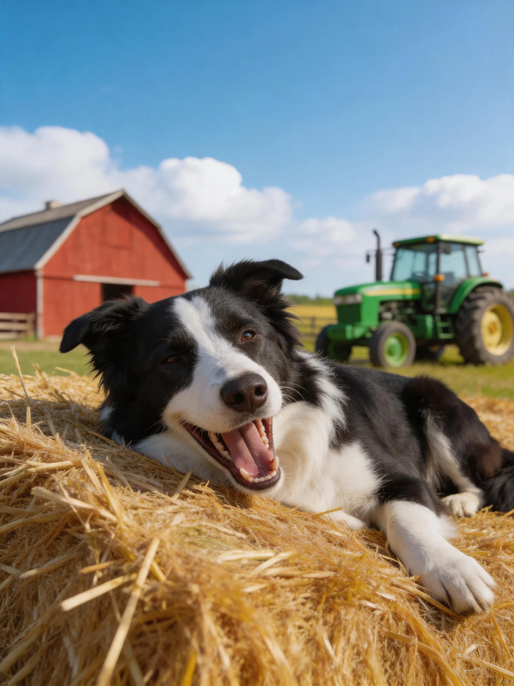 A black - white dog relaxes on hay with farm structures in the background.