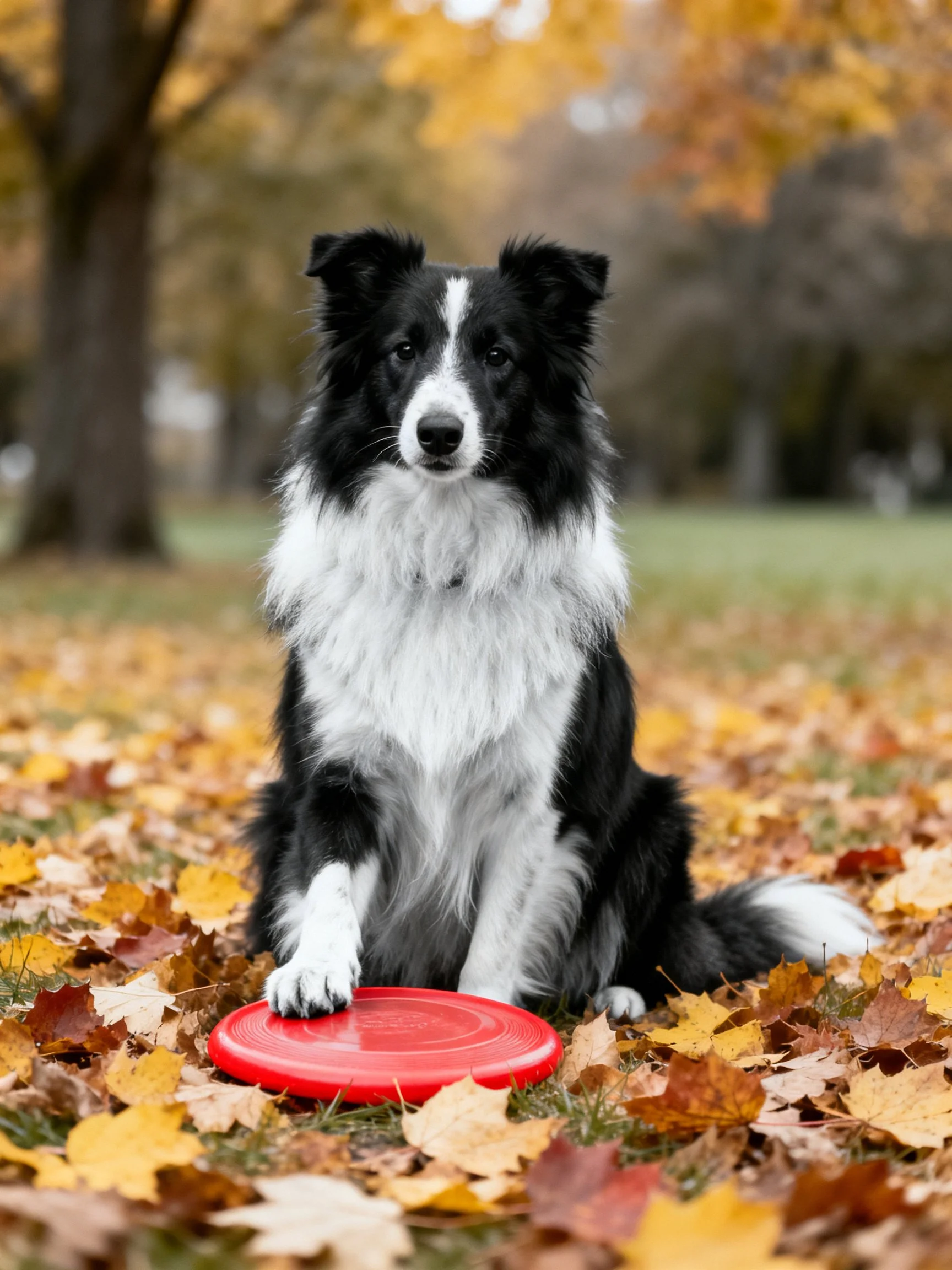 A black - white dog rests near a red frisbee amid autumn foliage.