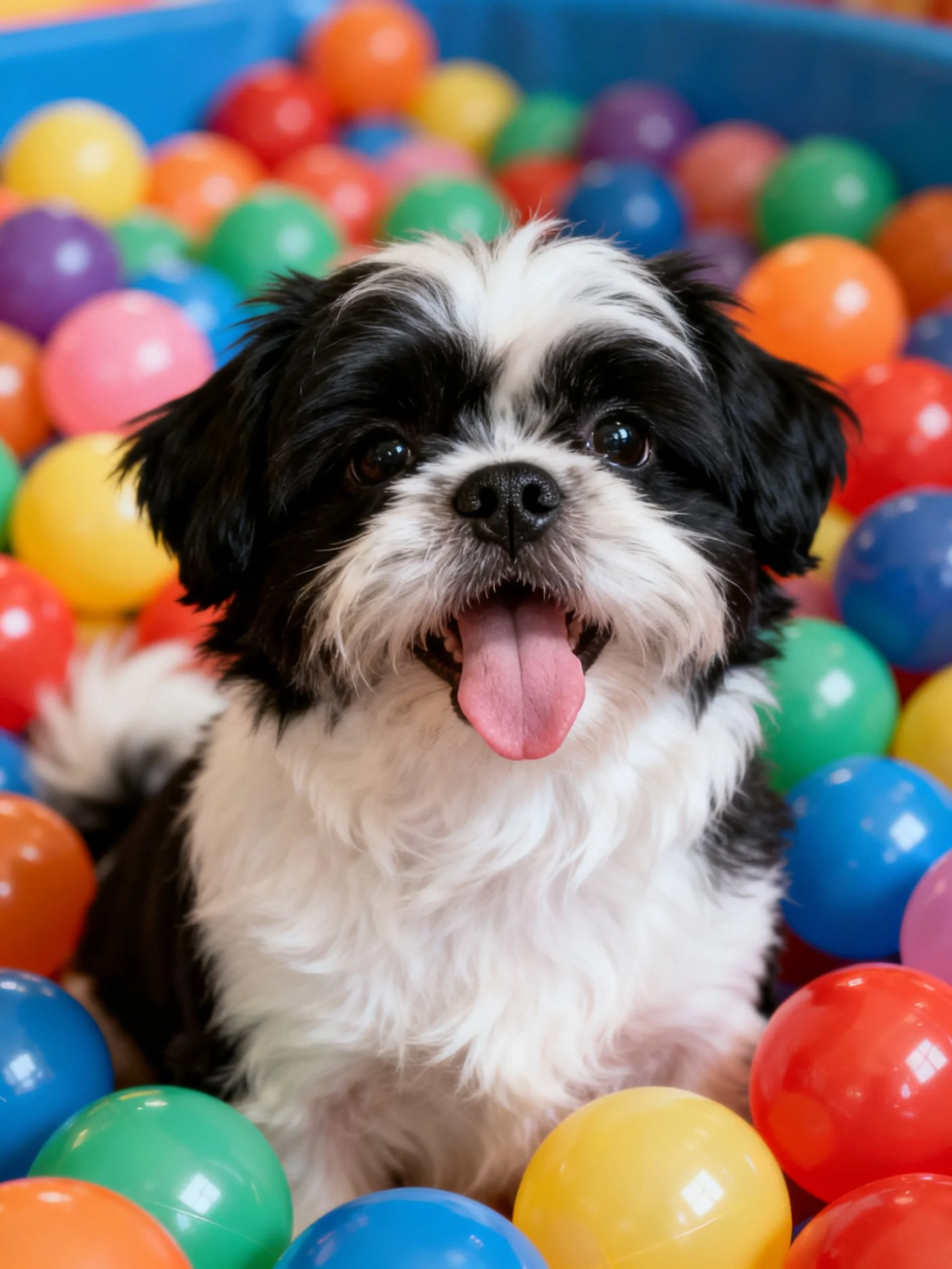 A black - white dog sits amid bright plastic balls in a playful setting.