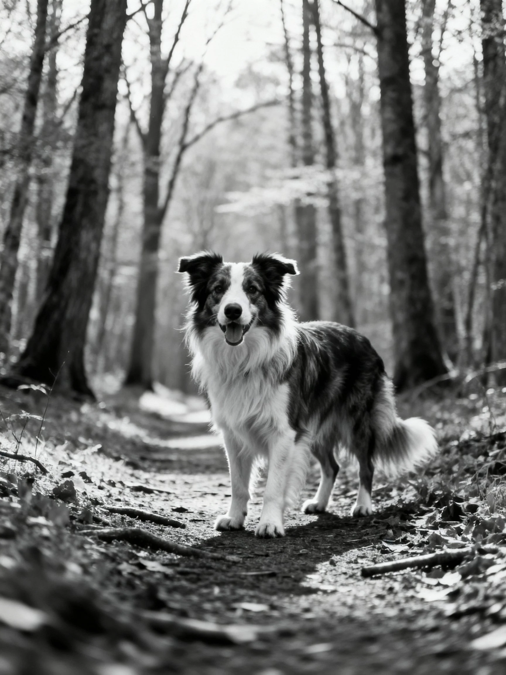 A black - white photograph of a border collie in a wooded area