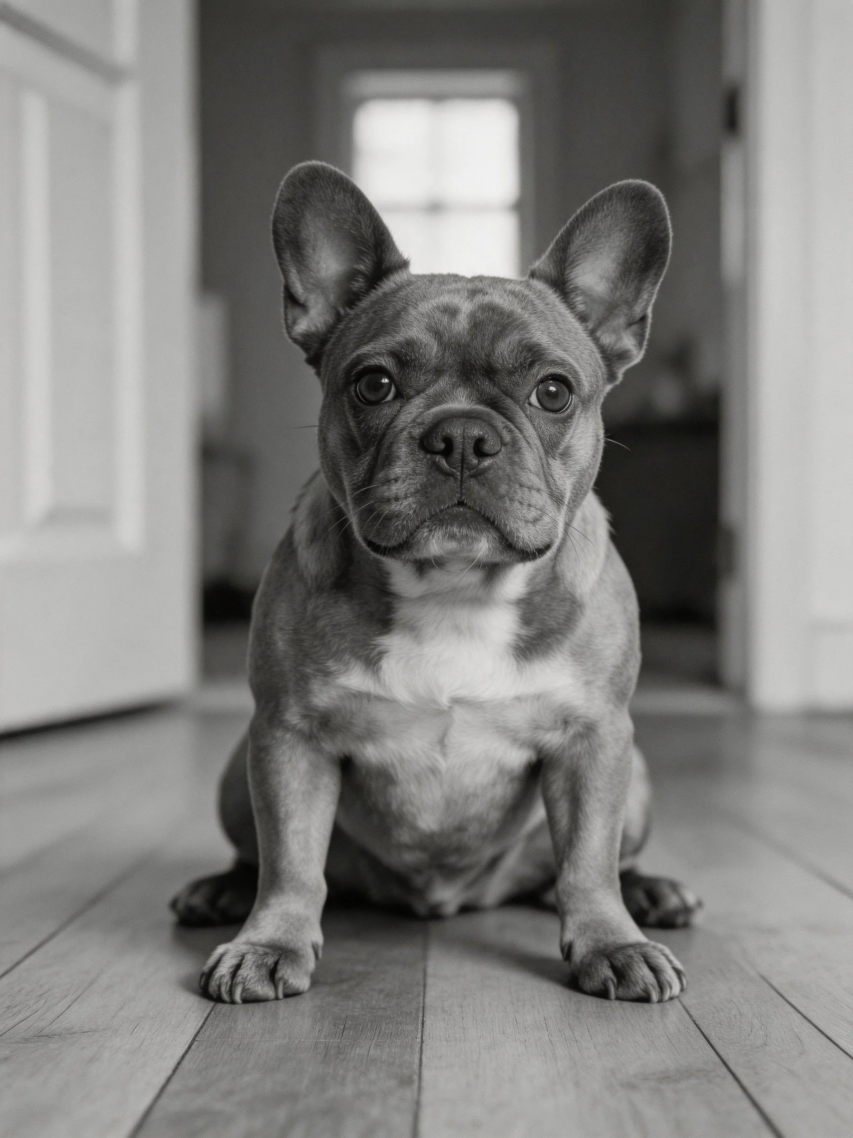 A black - white portrait of a French Bulldog on wood flooring