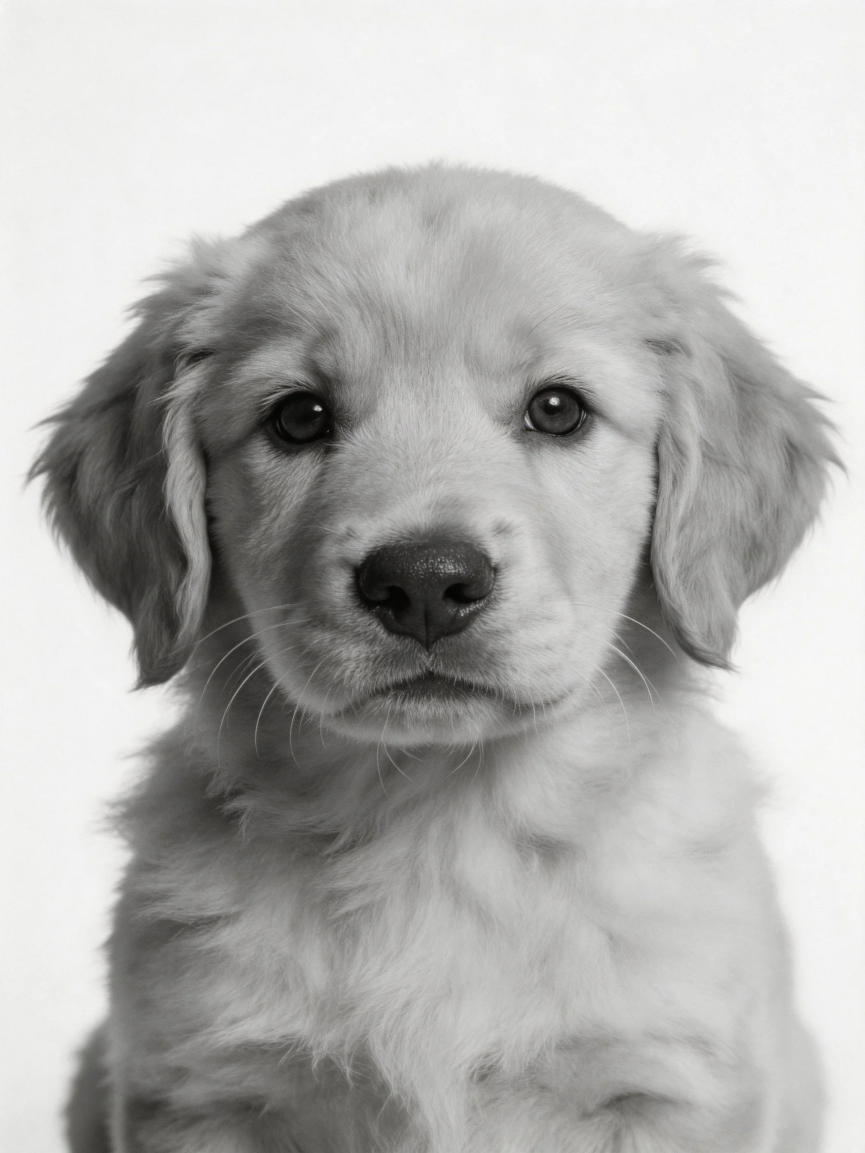 A black - white photograph displaying a young golden retriever puppy with soft fur.