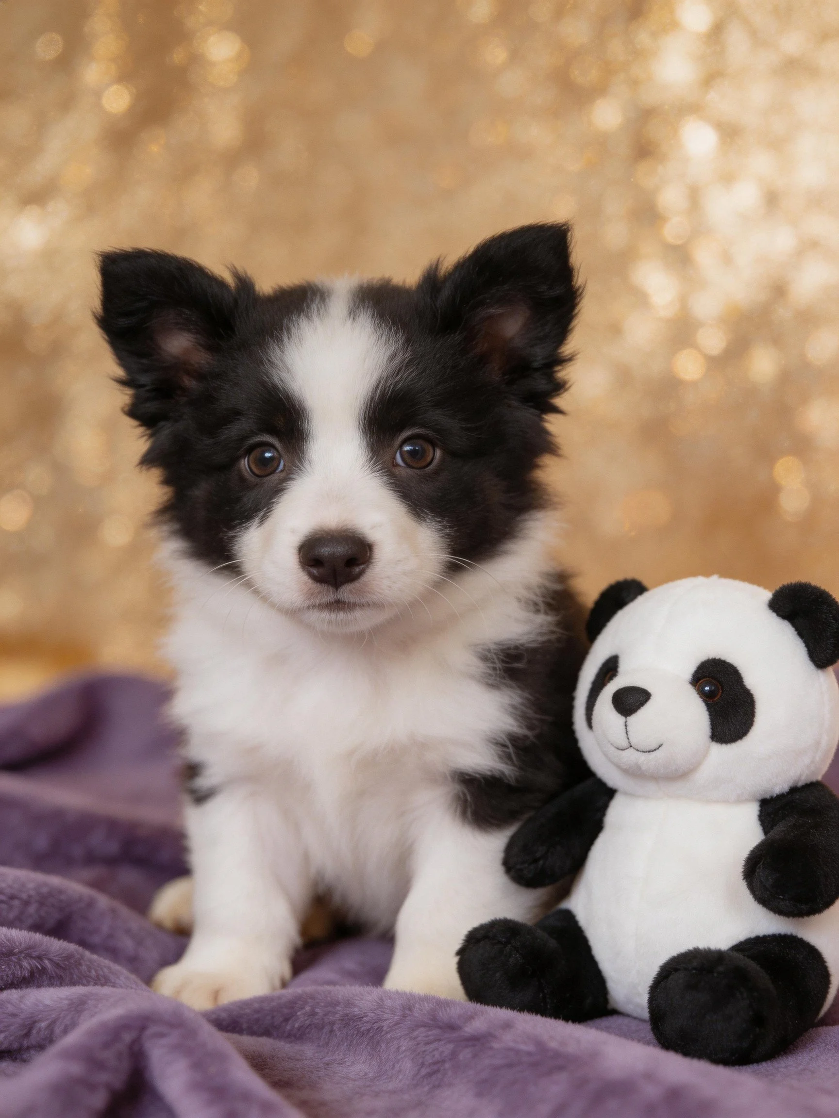A black - white puppy sits beside a panda stuffed animal on a purple blanket.
