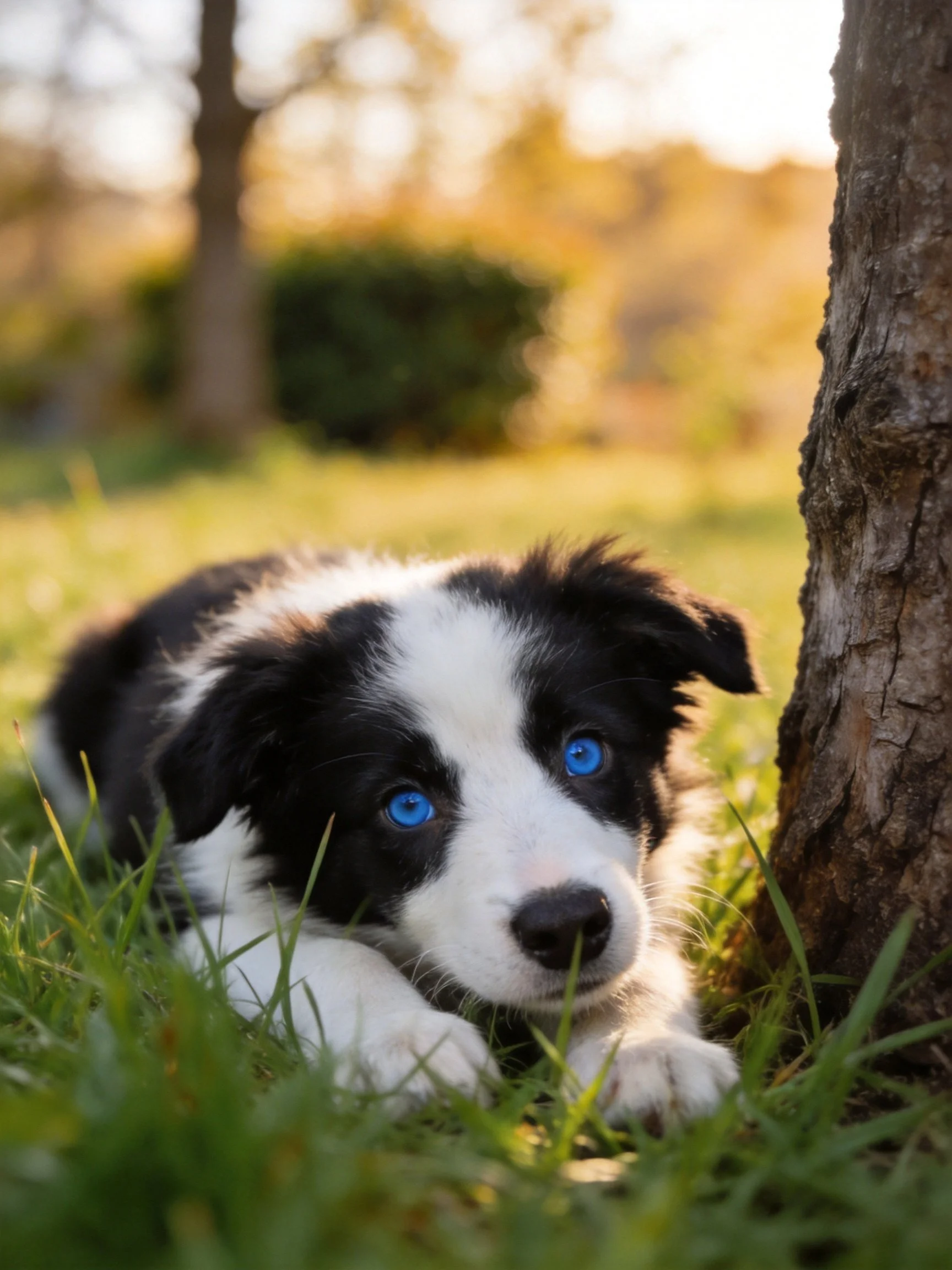 A black - white puppy with blue eyes relaxes near a tree in grass