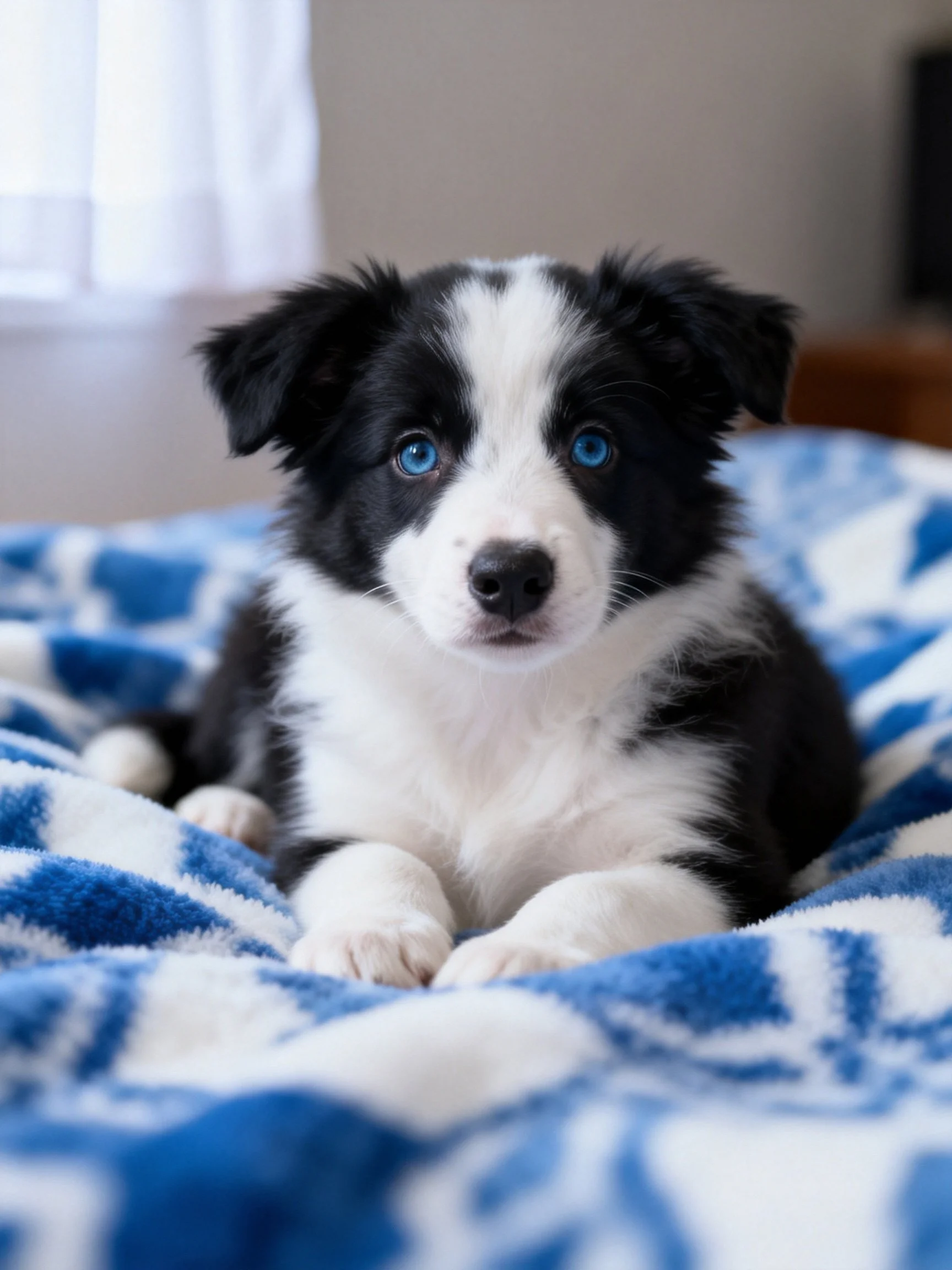 A black - white puppy with blue eyes sits calmly on a blue and white blanket