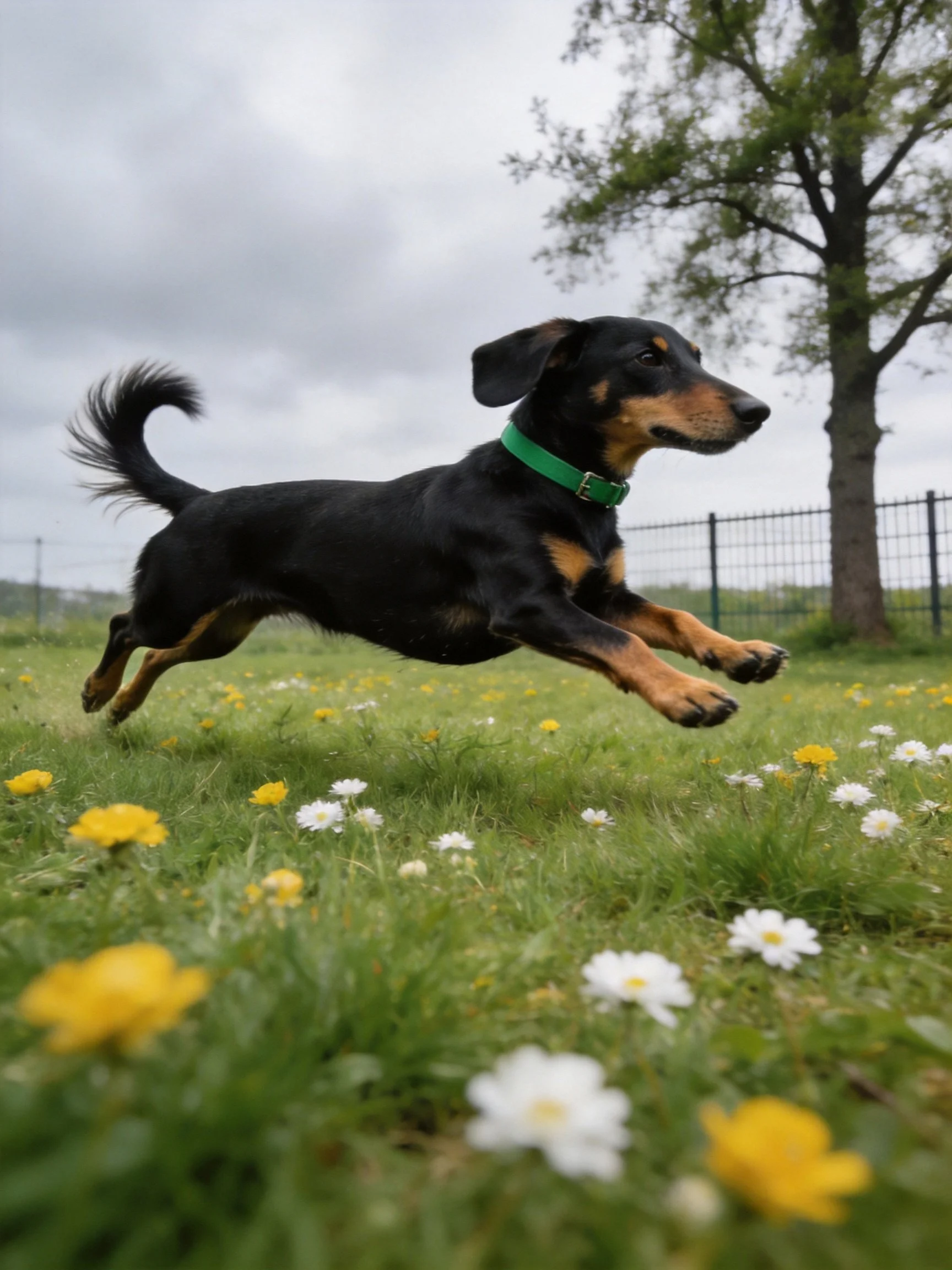 A black and tan dog jumps through a flower-filled meadow.