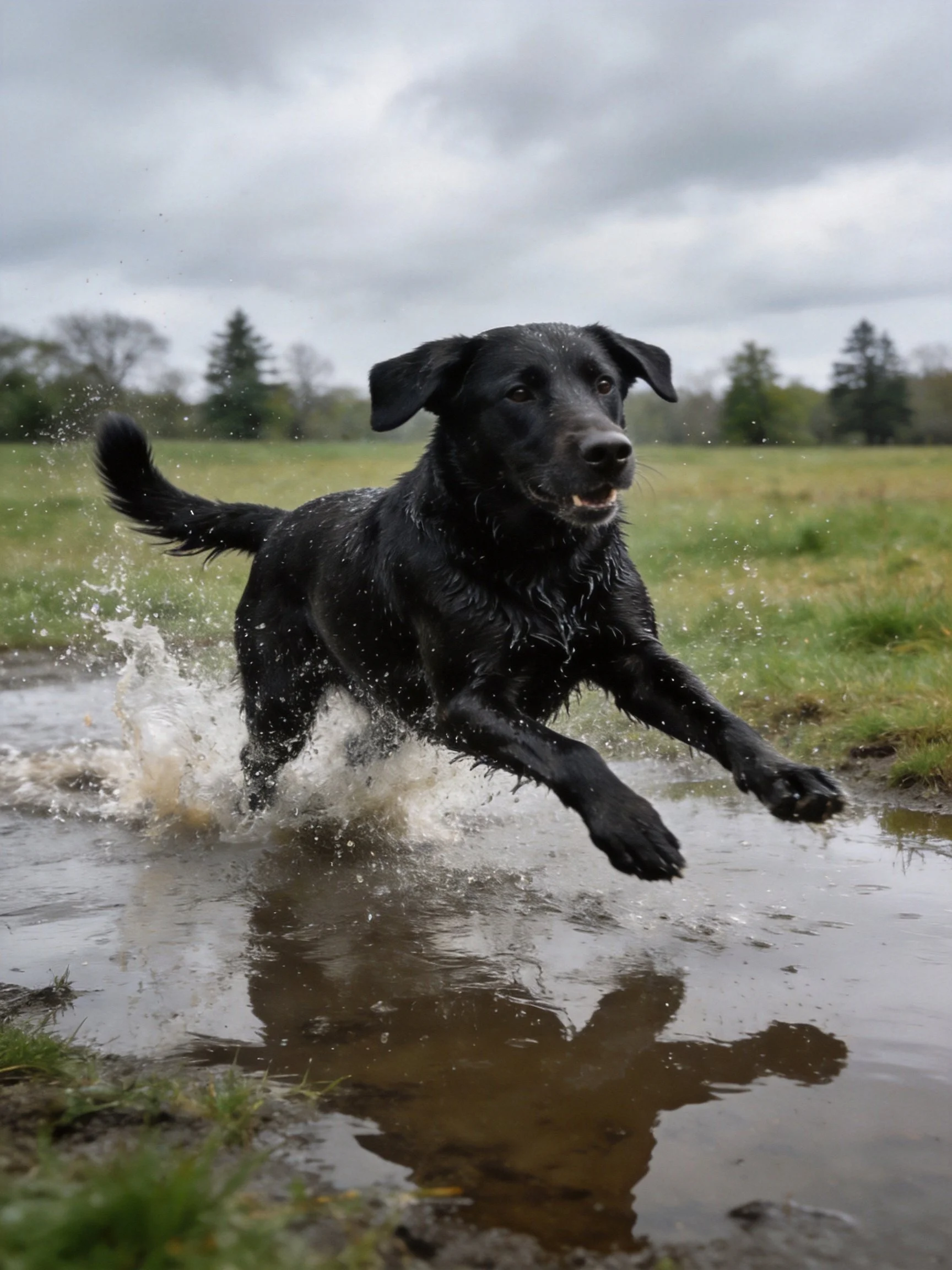 A blackdog splashing through a muddy puddle in a grassy field