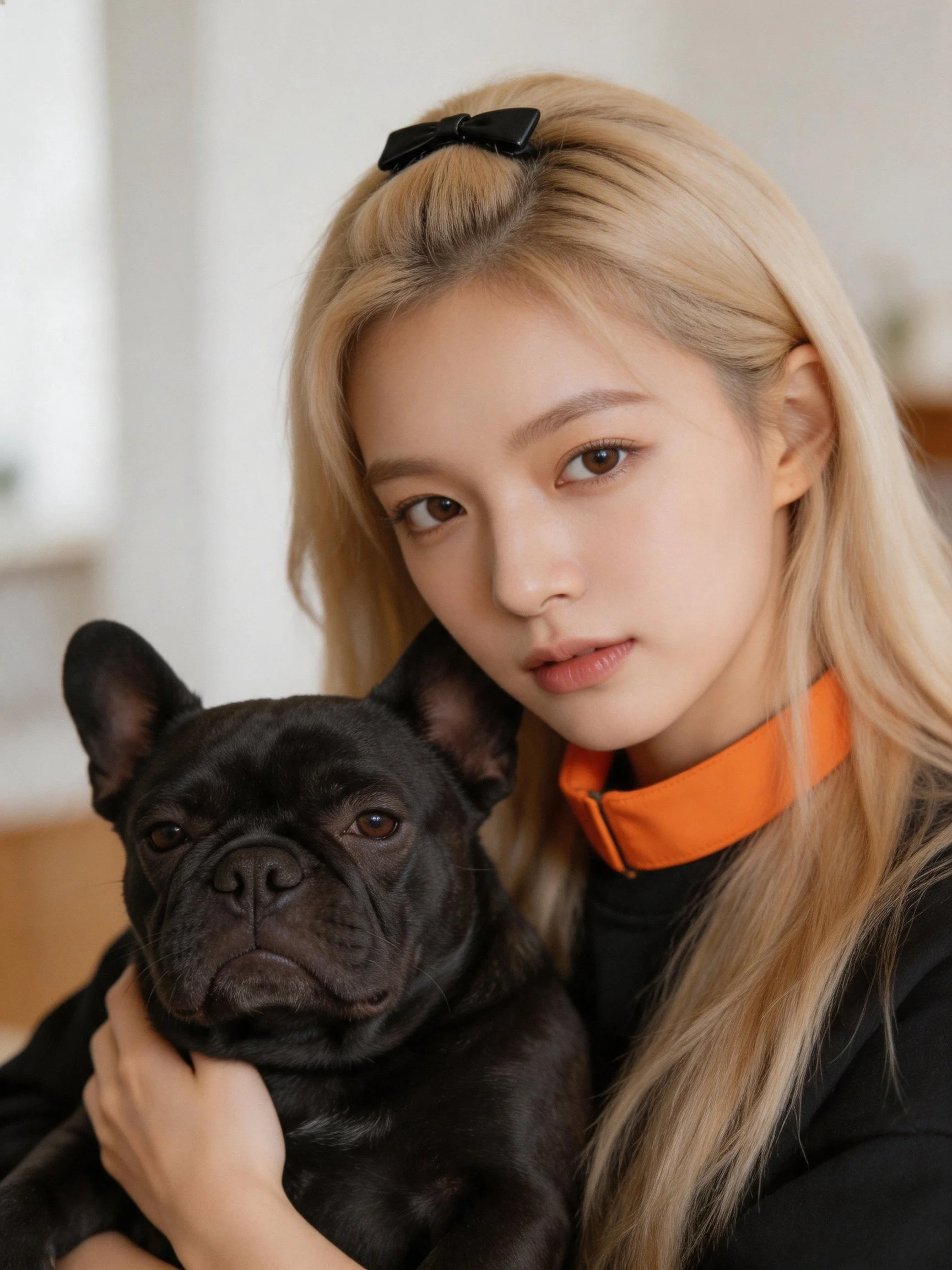 A blonde woman holds a black French bulldog near her face.