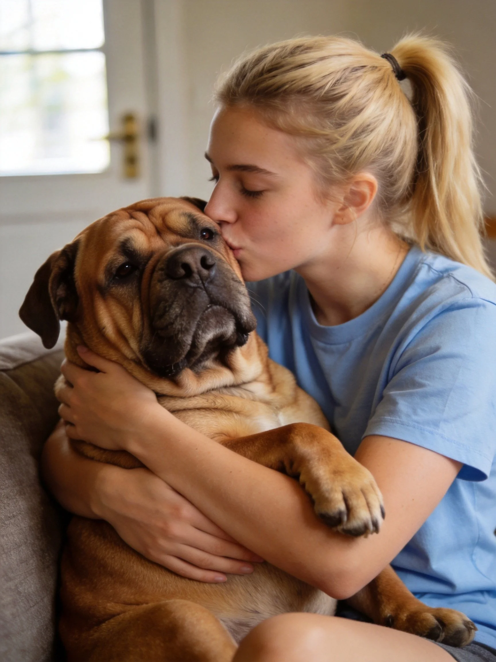 A woman kisses a large brown dog indoors.