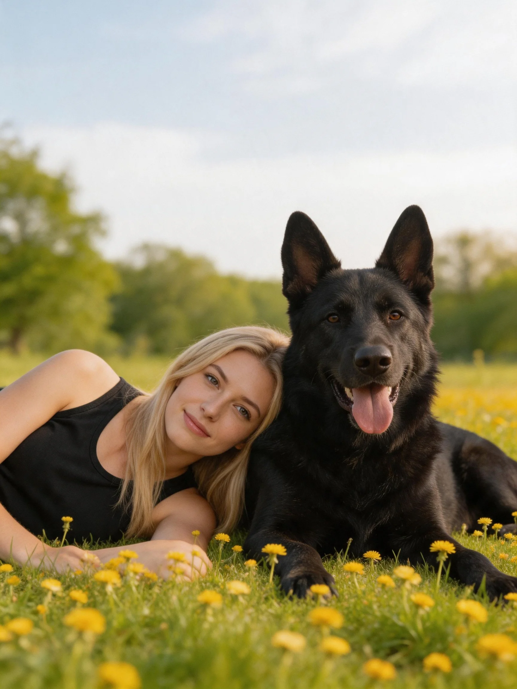 A woman relaxes beside a black dog amid yellow flowers outdoors.