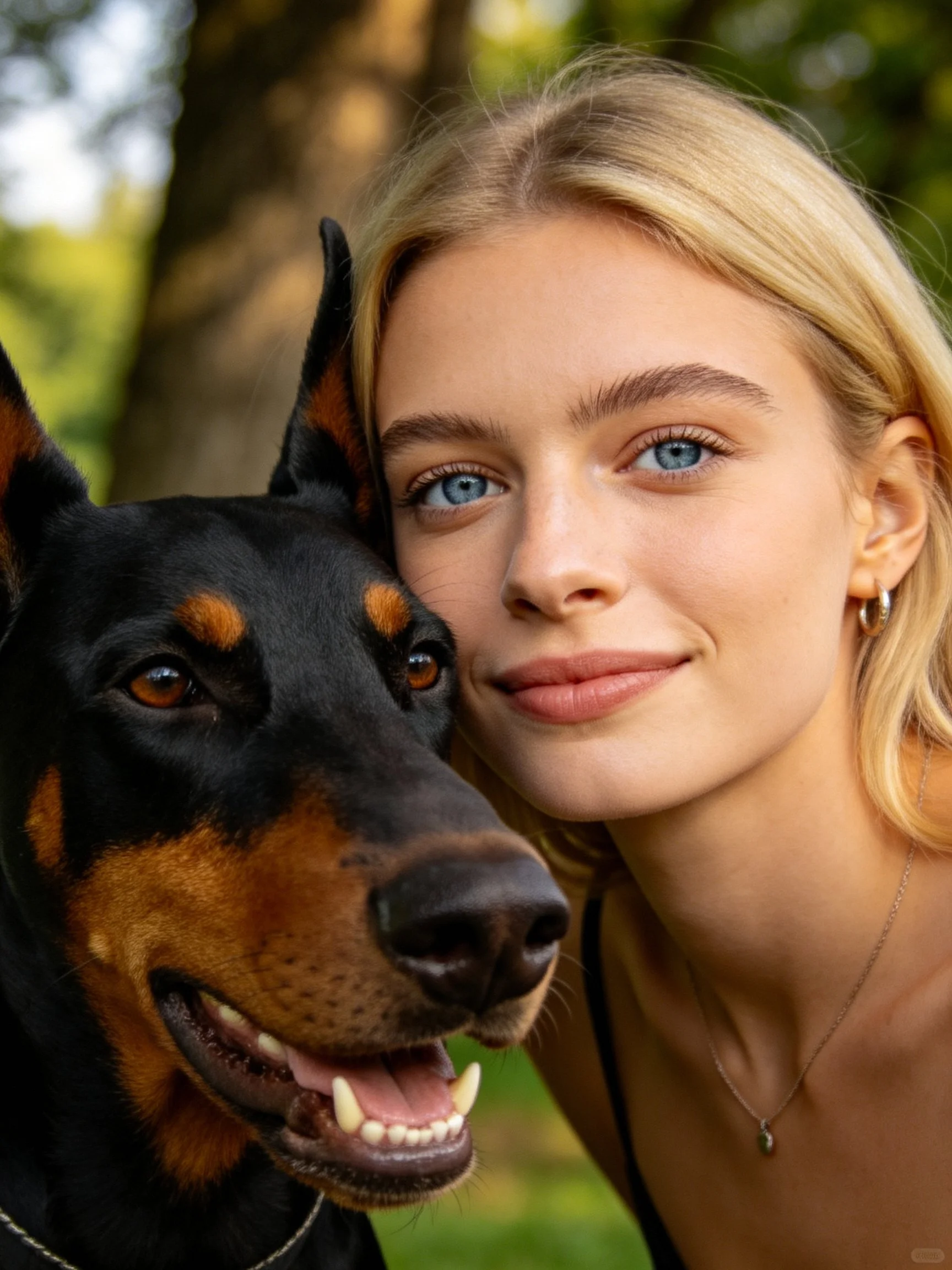 A blonde woman poses closely with a black and tan Doberman outdoors