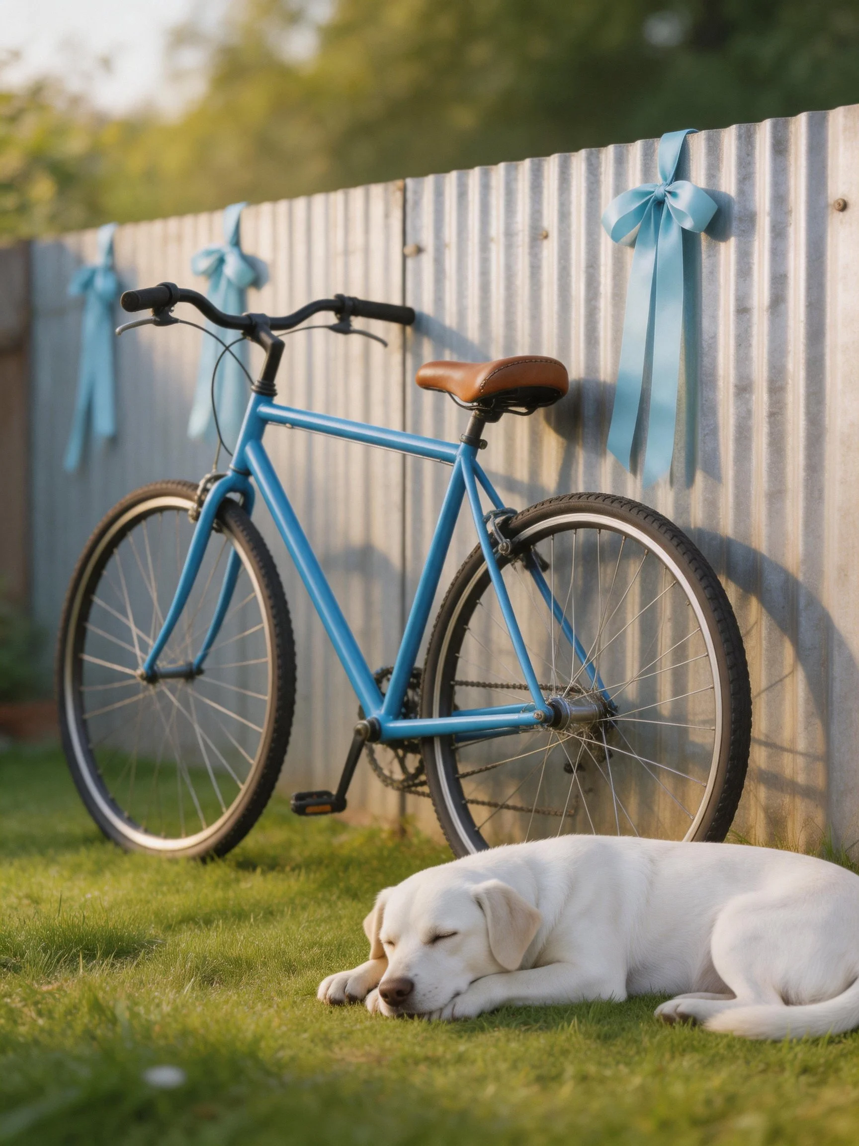 A blue bicycle leans by a corrugated fence with blue bows and a sleeping white dog.