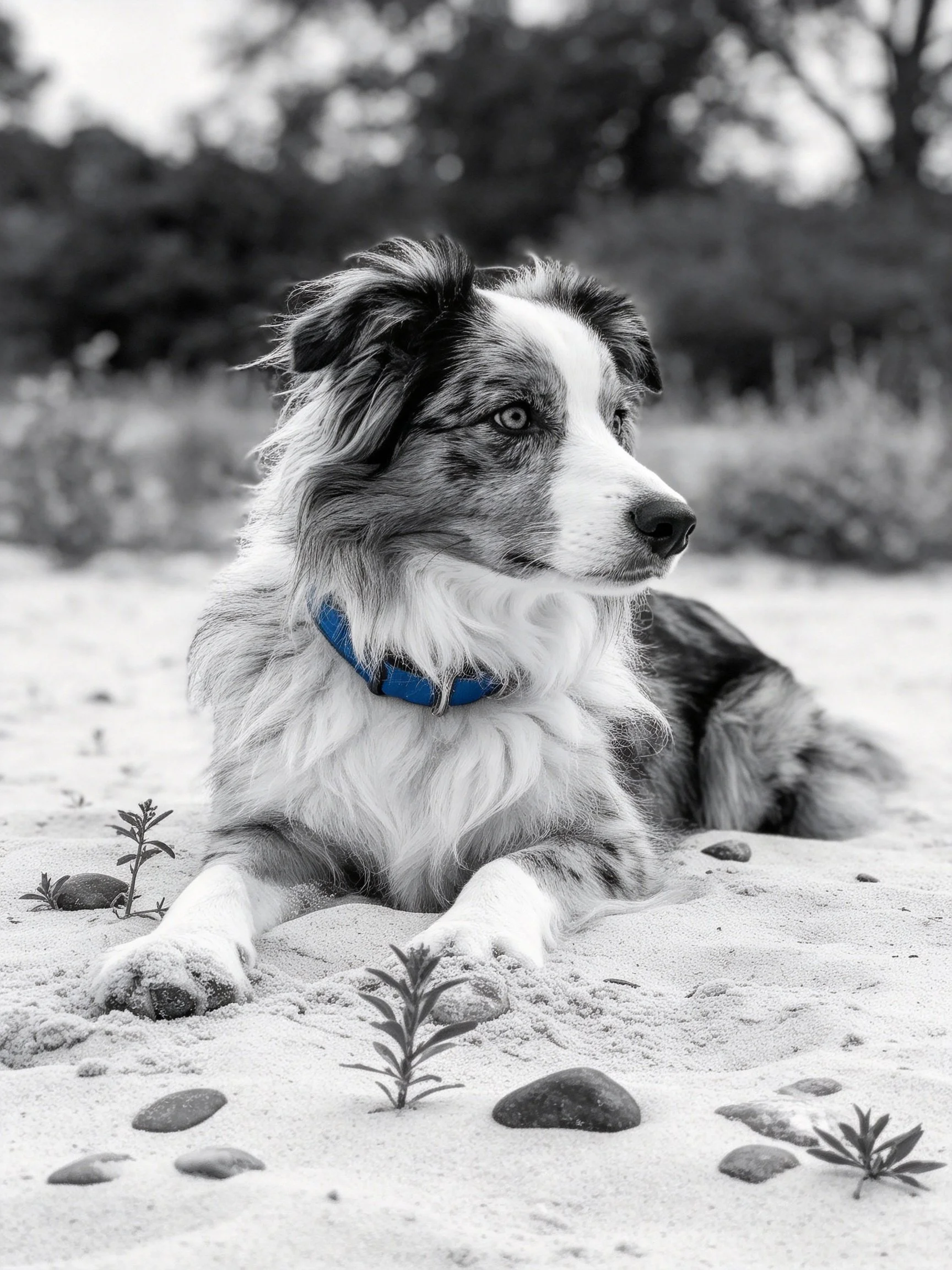 A blue-c collared dog rests on sandy ground with scattered rocks and plants