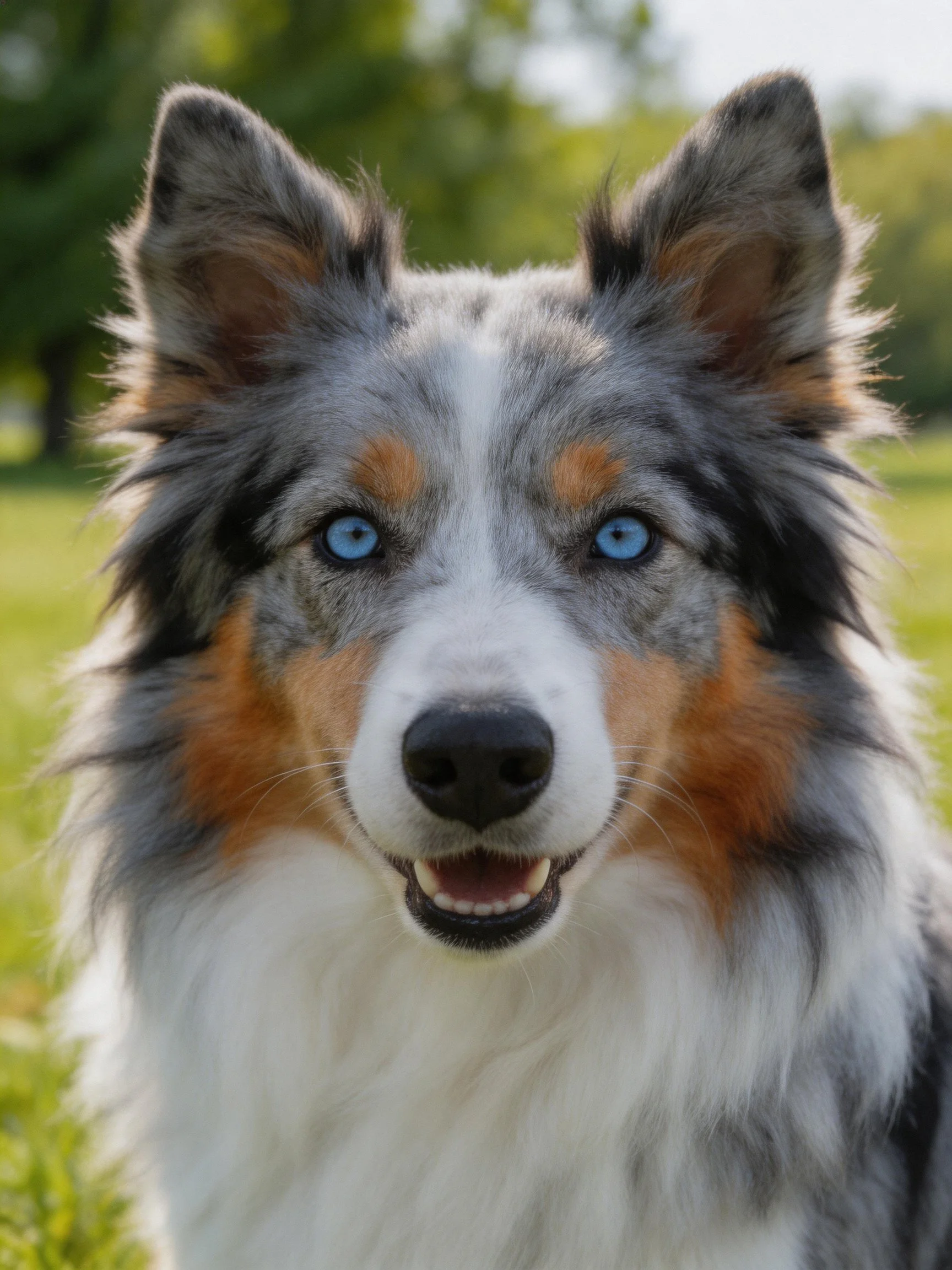 A blue-eyed Australian Shepherd with gray, white, and tan fur