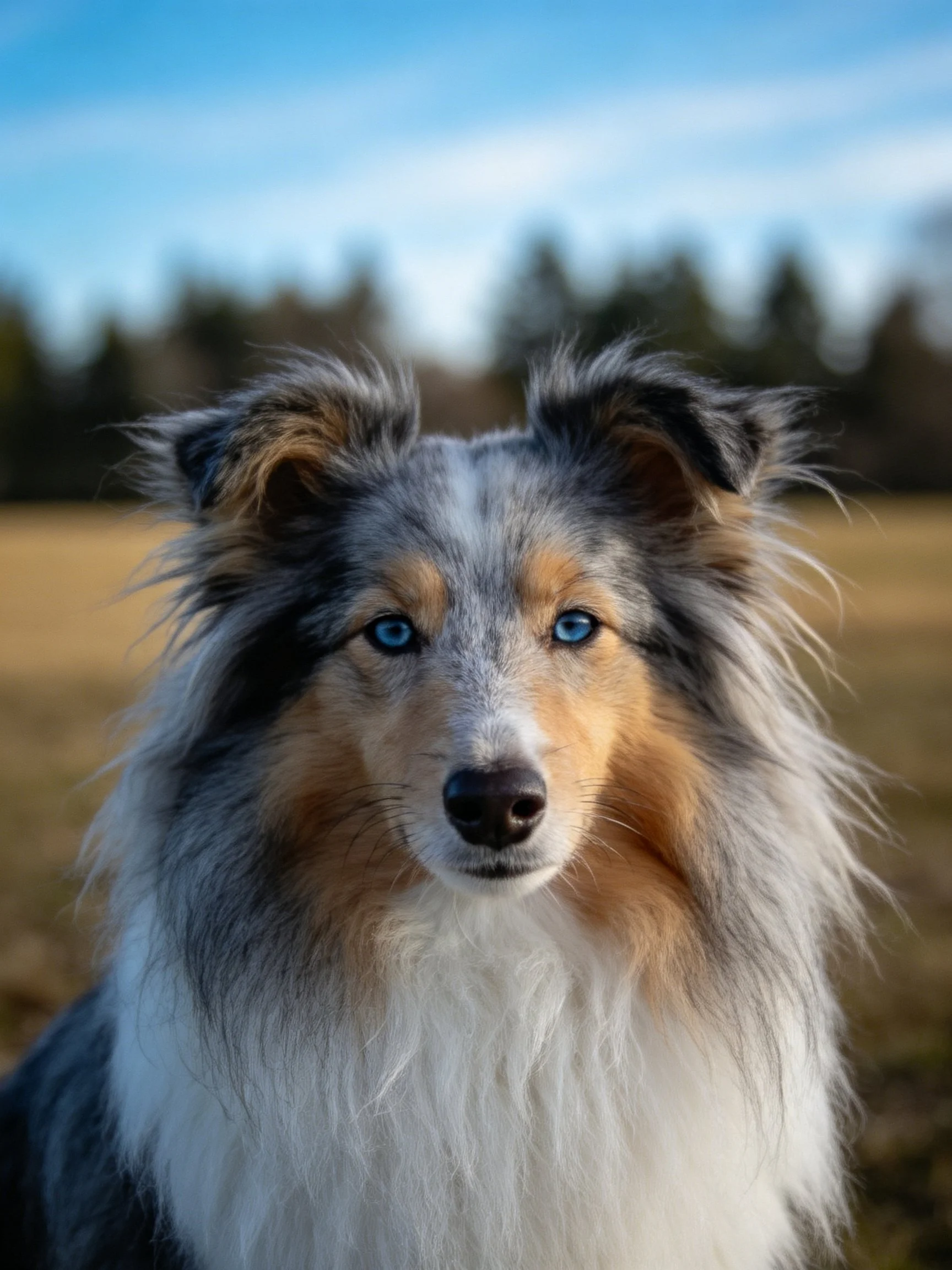 A blue-eyed Sheltie with gray, white, and tan fur outdoors