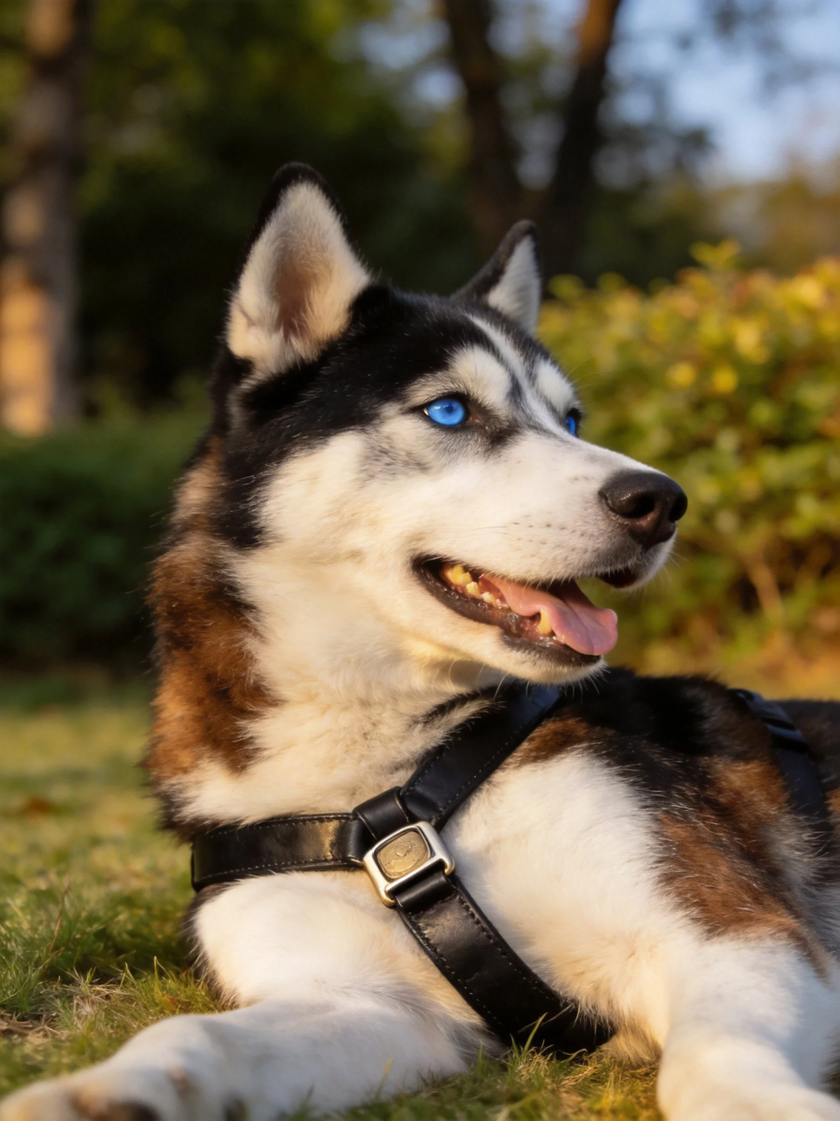 A blue-eyed Siberian Husky relaxes on grass in a sunlit outdoor area.