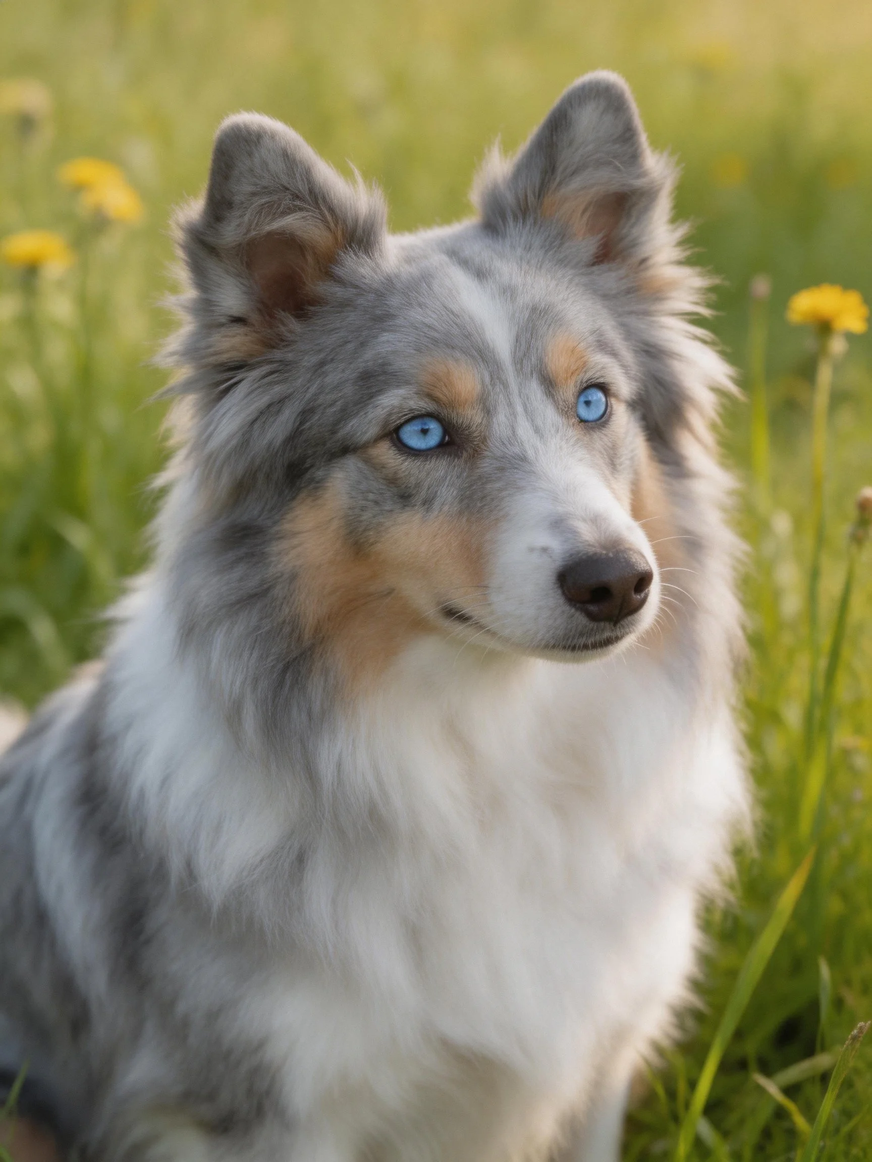 A blue-eyed dog rests calmly in a field of green grass and yellow blooms.