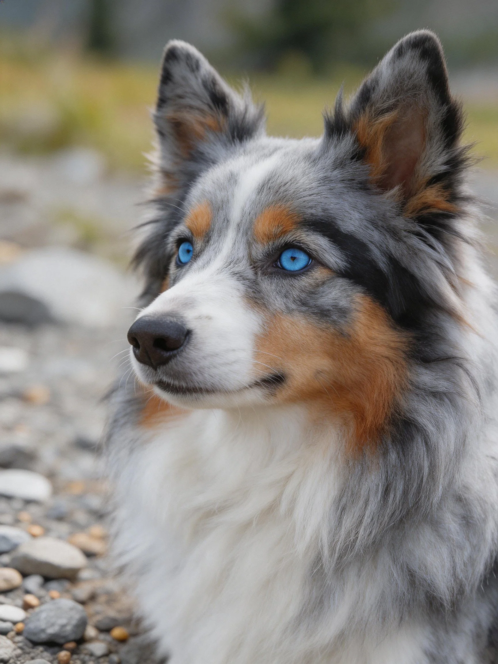 A blue-eyed dog with gray, white, and tan fur on a pebbly ground