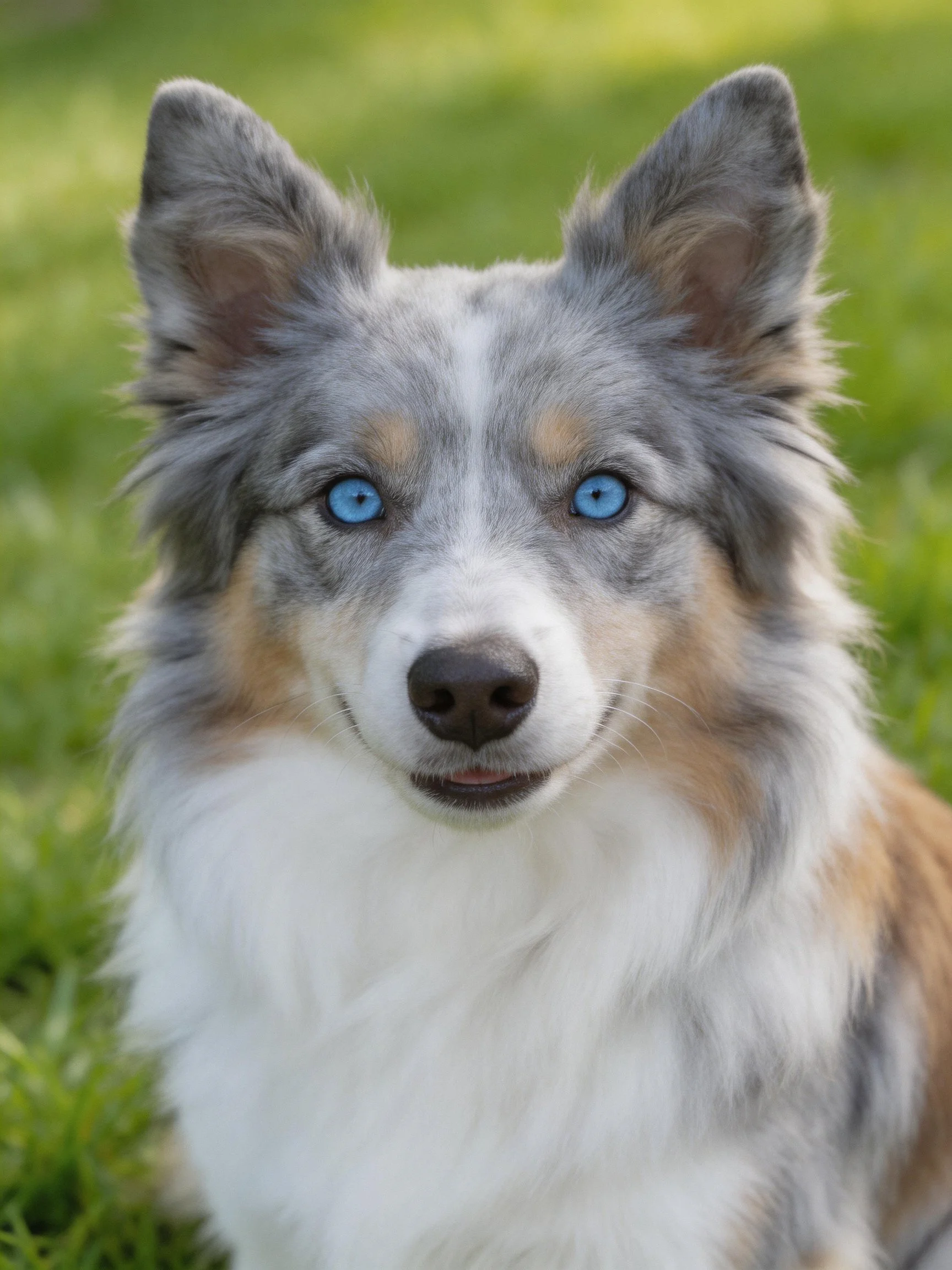 A blue-eyed dog with multicolored fur sits on green grass.