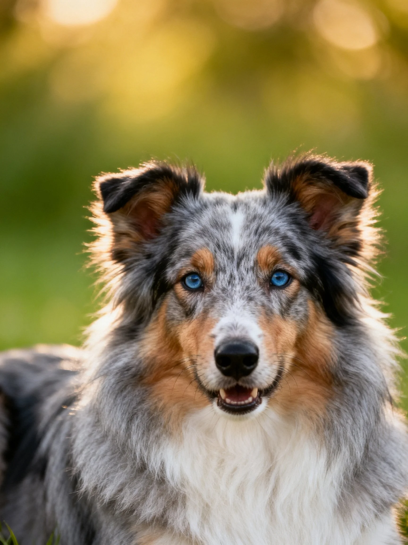 A blue-eyed tri-color collie with long, fluffy fur in a sunlit outdoor setting