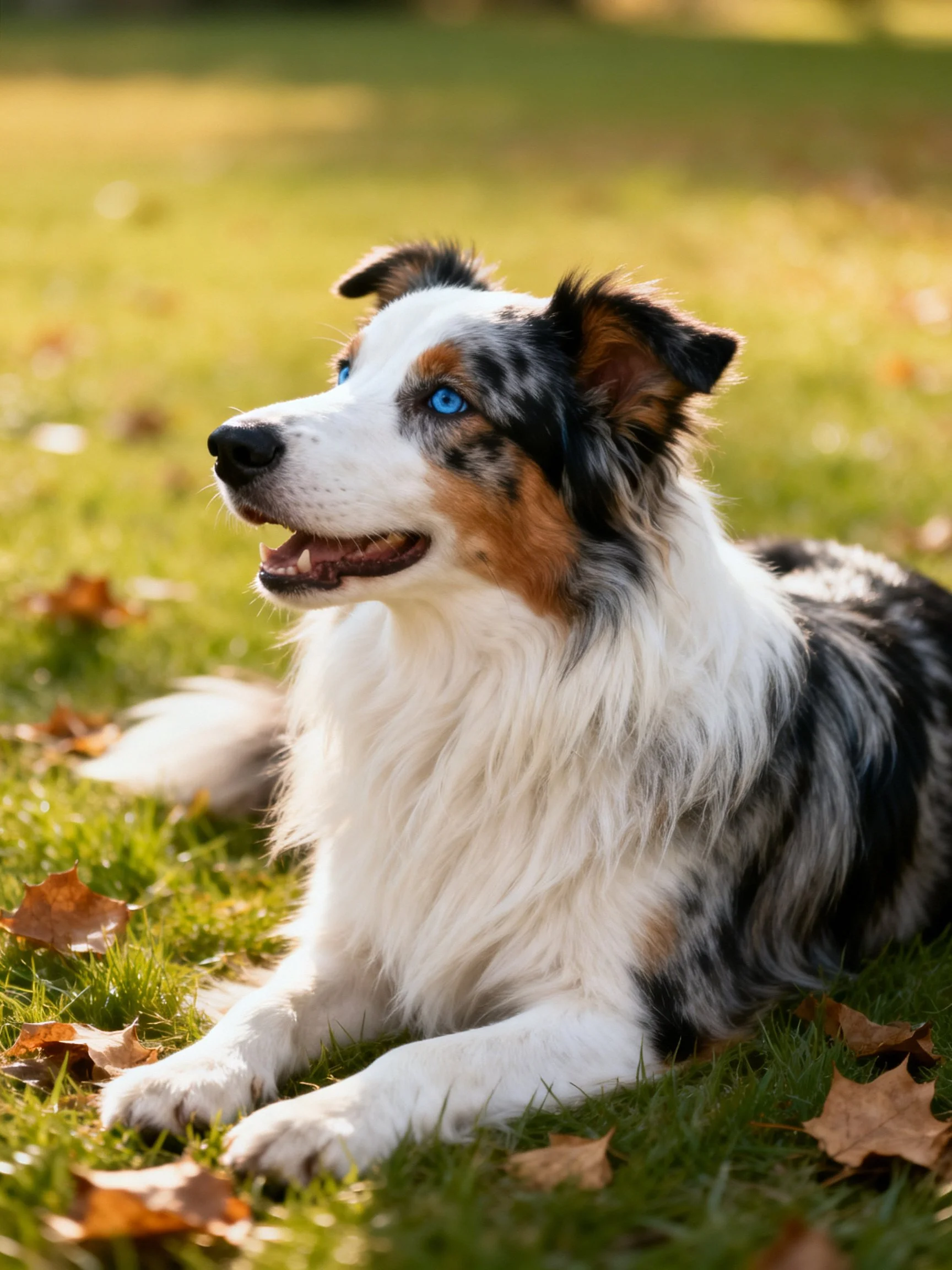 A blue-eyed tri-colored dog relaxes on grass amid scattered autumn leaves