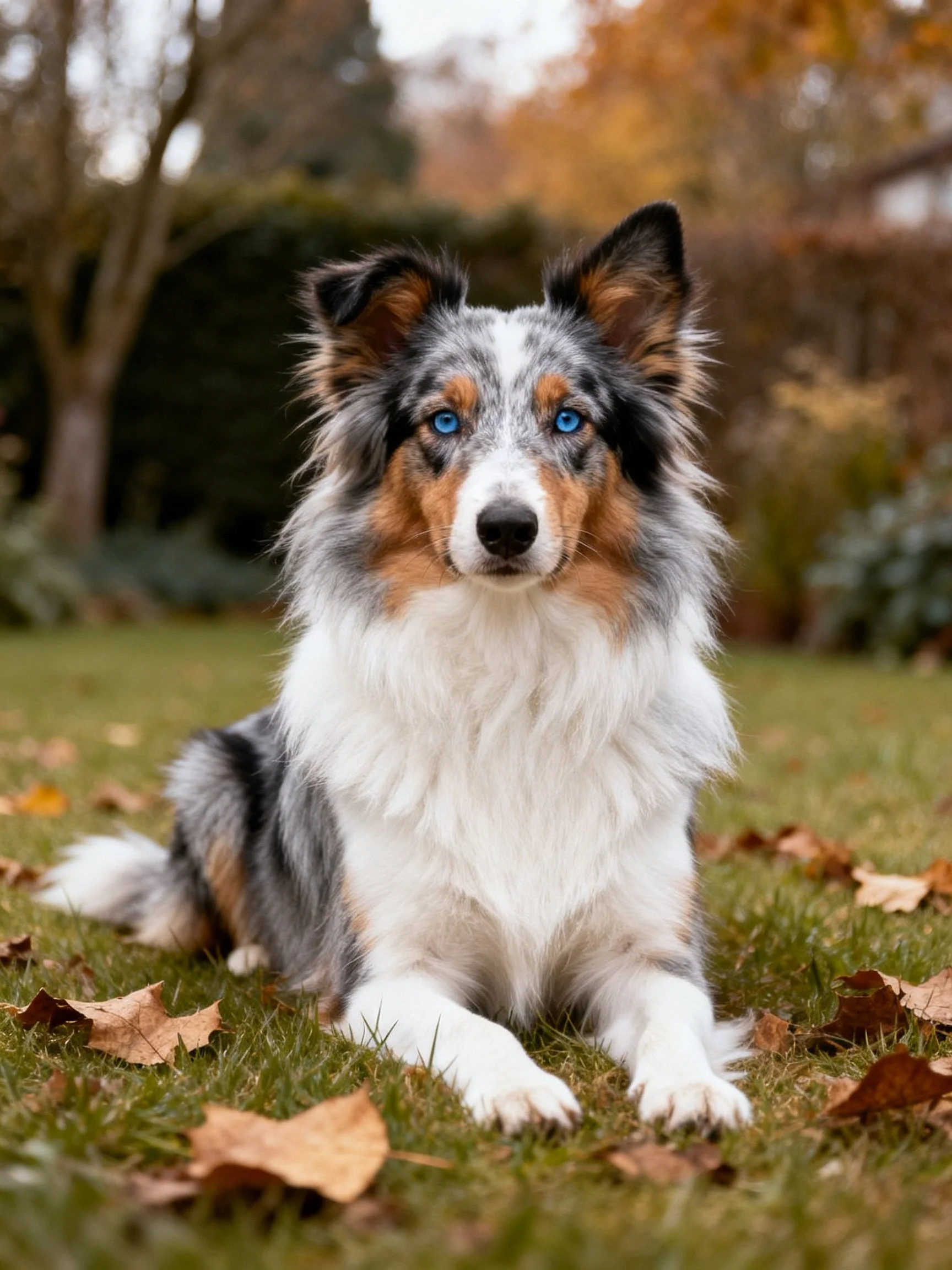 A blue-eyed tri-colored dog sits on grass amid autumn leaves