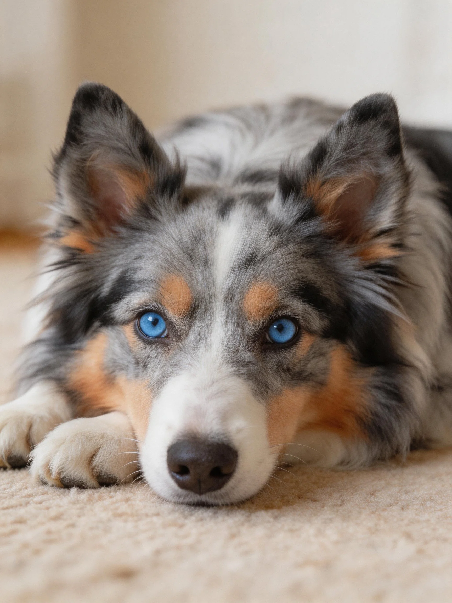 A blue-eyed tricolor dog rests on a beige carpet