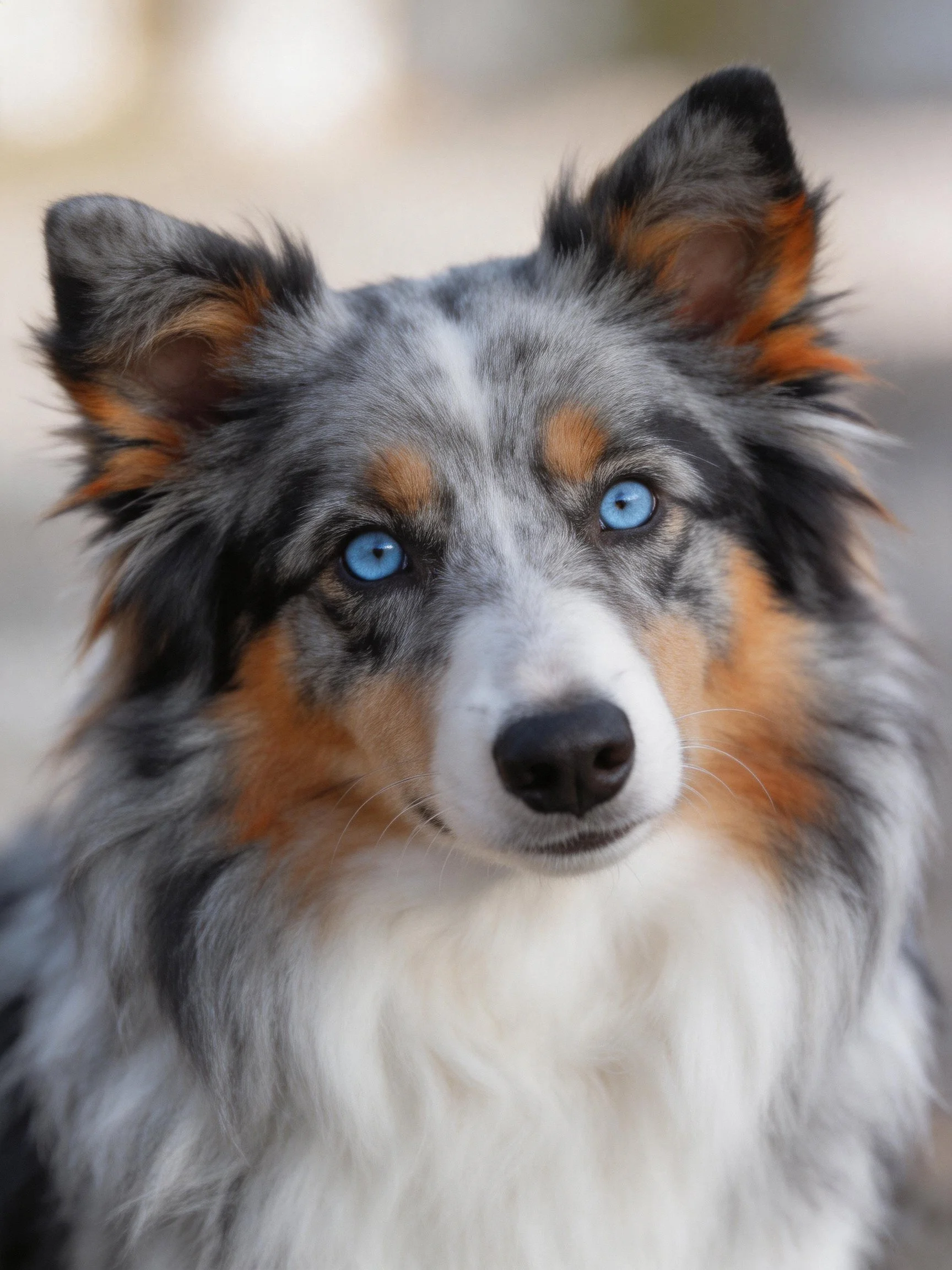 A blue - eyed tricolor dog with fluffy gray, black, and tan fur