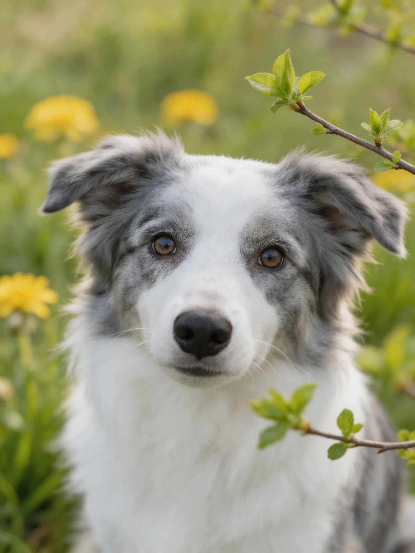 A blue merle Border Collie among yellow flowers and green foliage