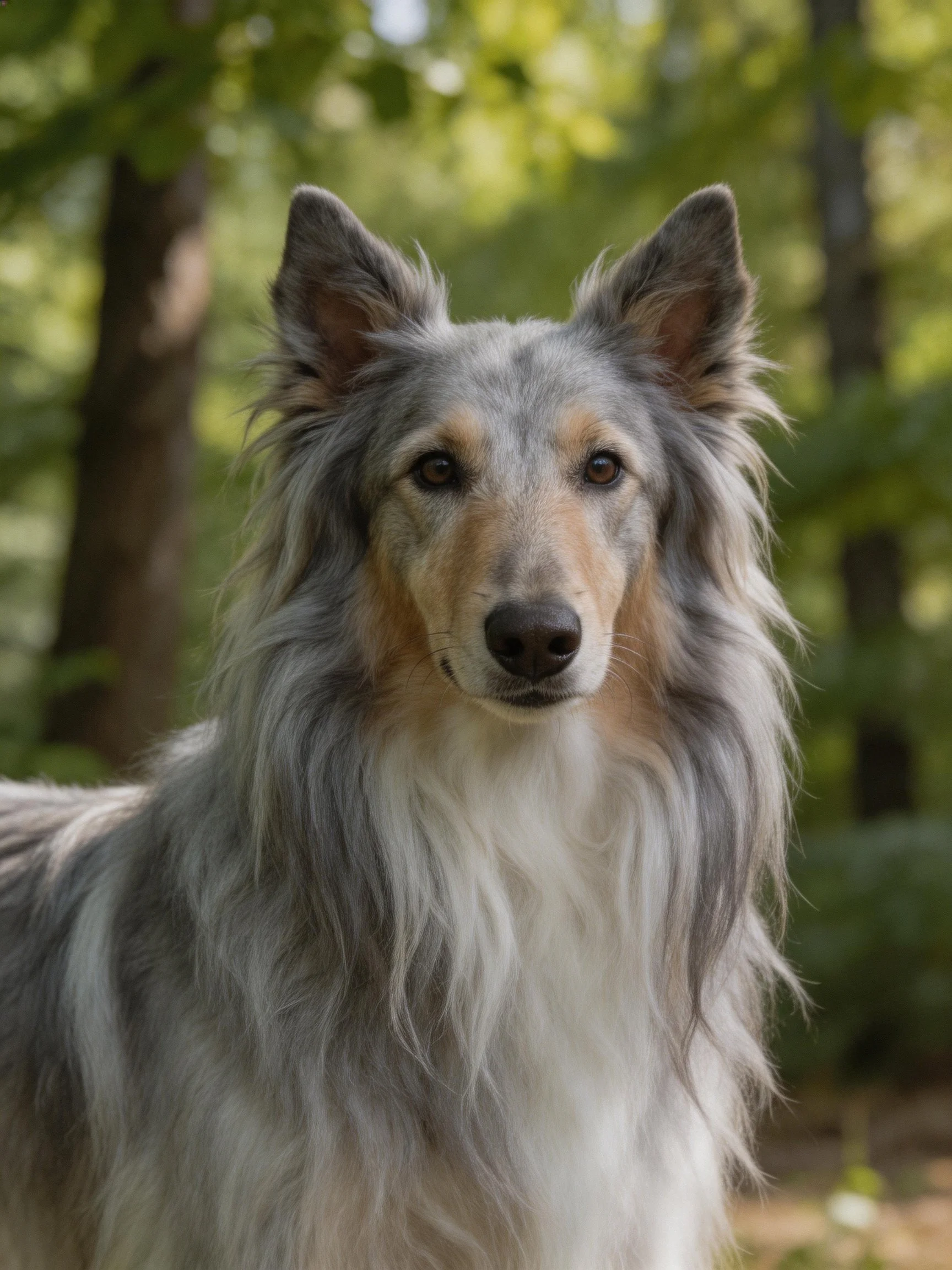 A blue merle collie with long, flowing gray and white fur in a wooded area