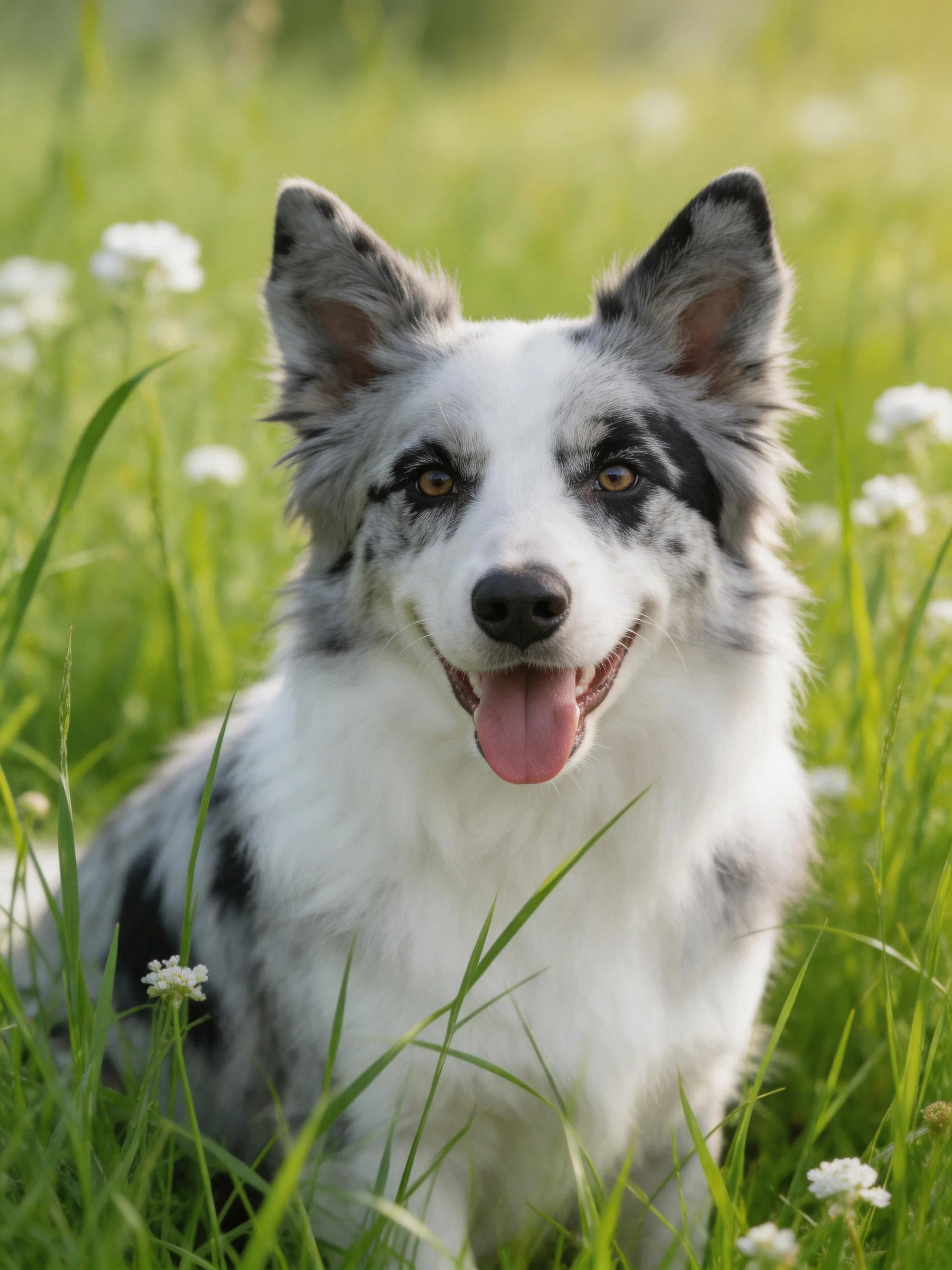A blue merle dog sitting in a lush green meadow