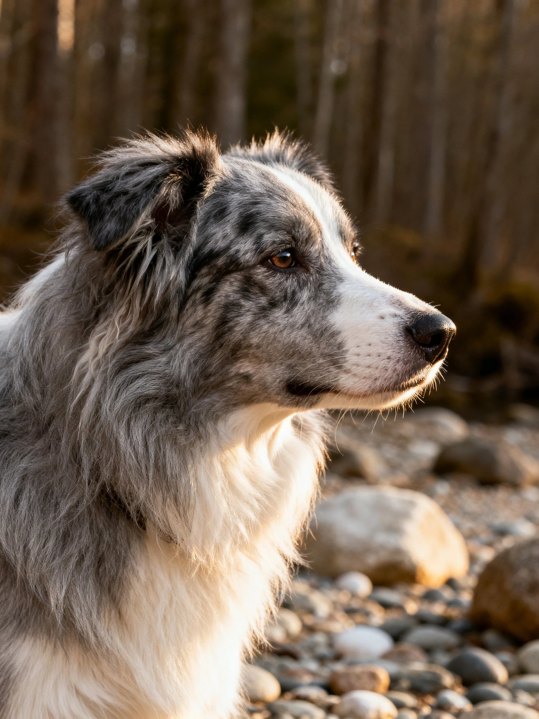 A blue merle dog with white patches near pebbles and forested backdrop