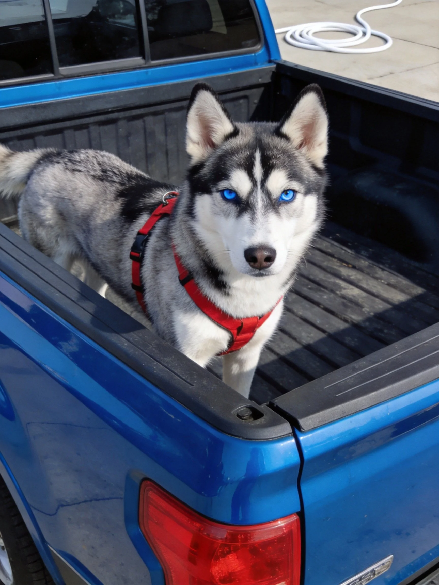 A blue pickup truck holds a gray-and-white husky with a red harness.