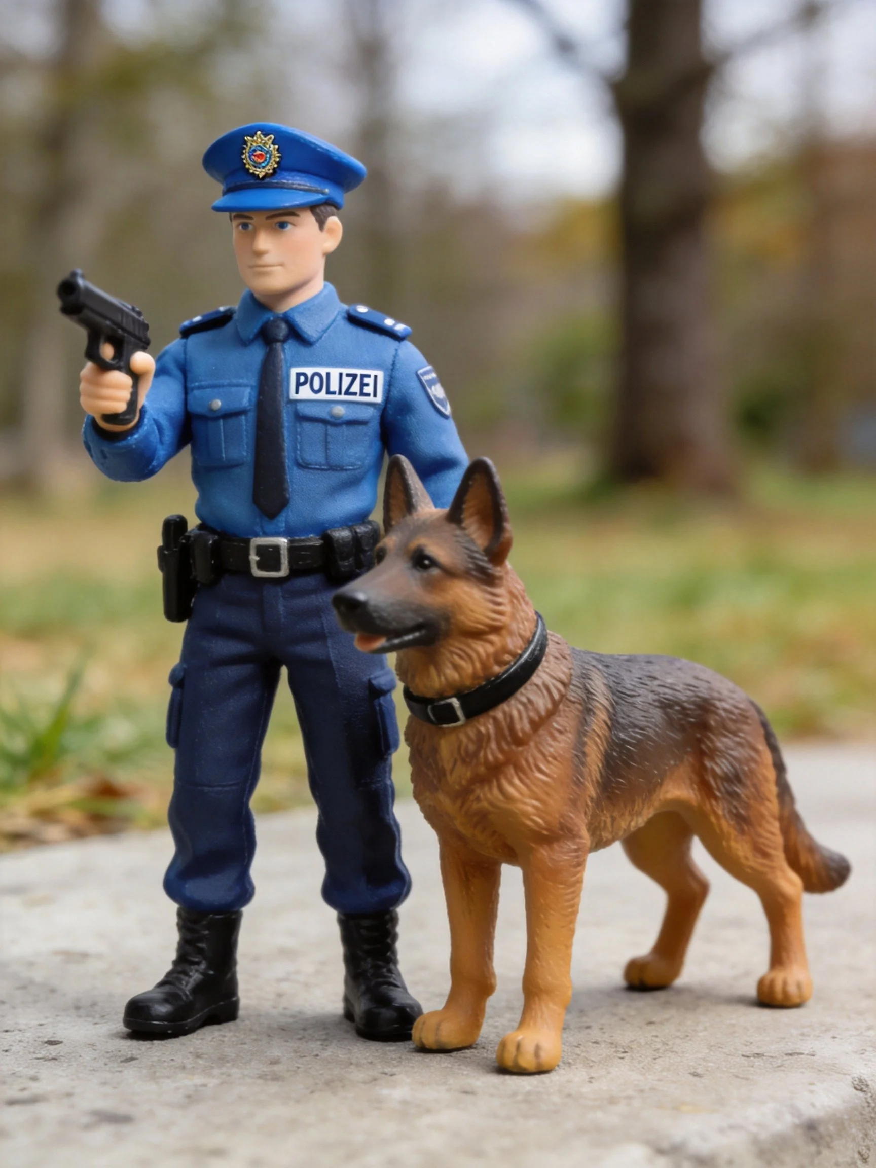A blue-uniformed policeman figurine stands beside a German Shepherd dog