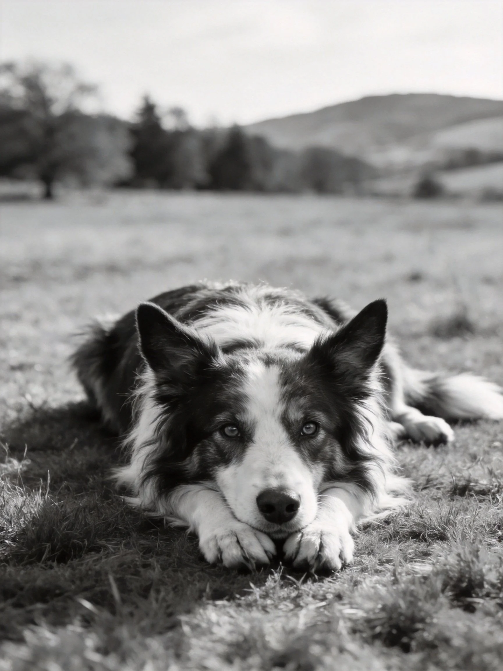 A border collie rests on grass in a monochrome landscape