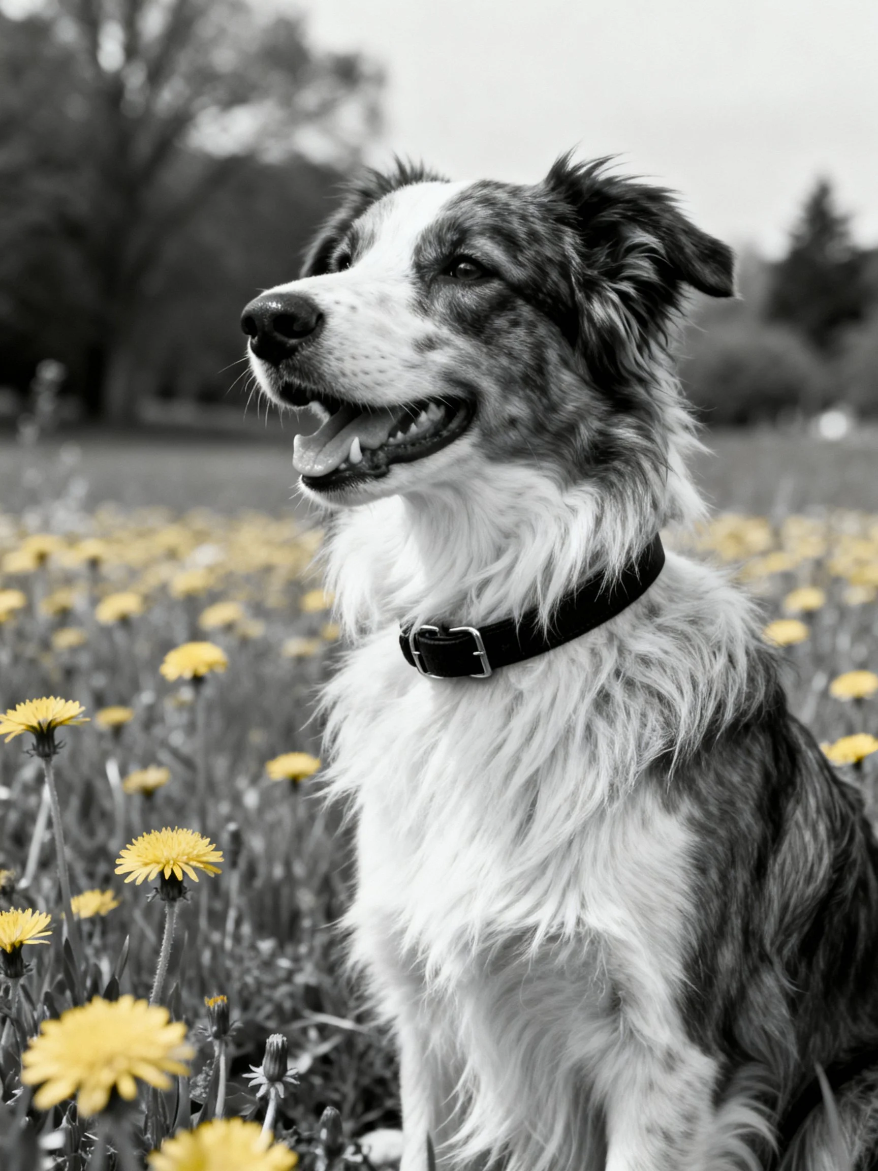 A border collie relaxes among yellow dandelions in a mostly black-and-white outdoor scene.