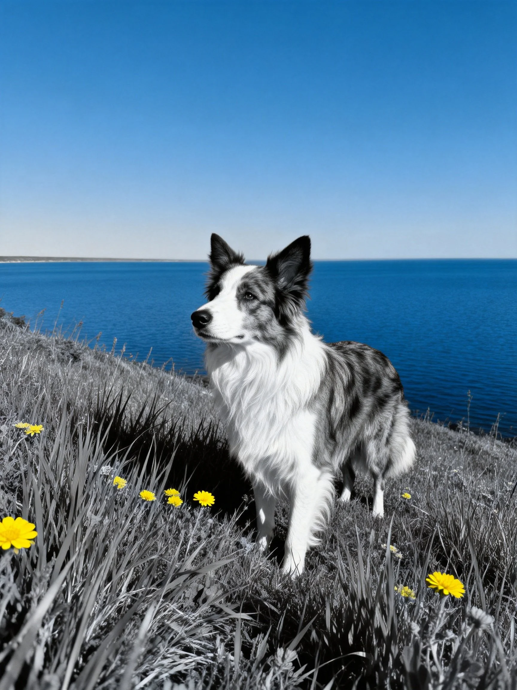 A border collie stands among yellow flowers near a calm blue body of water.