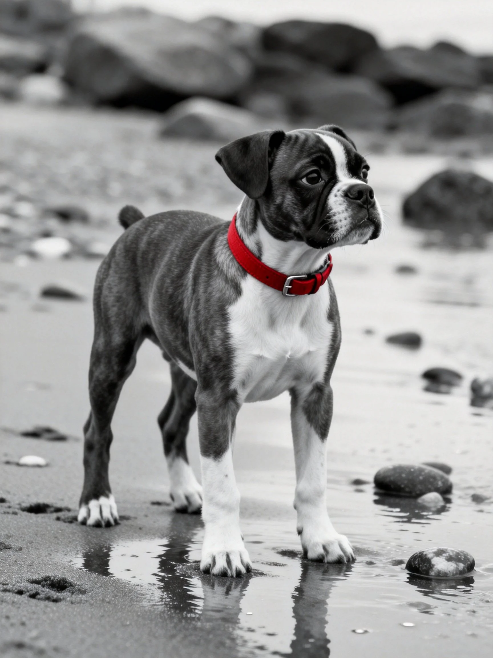 A boxer puppy with a red collar stands on a rocky shore.