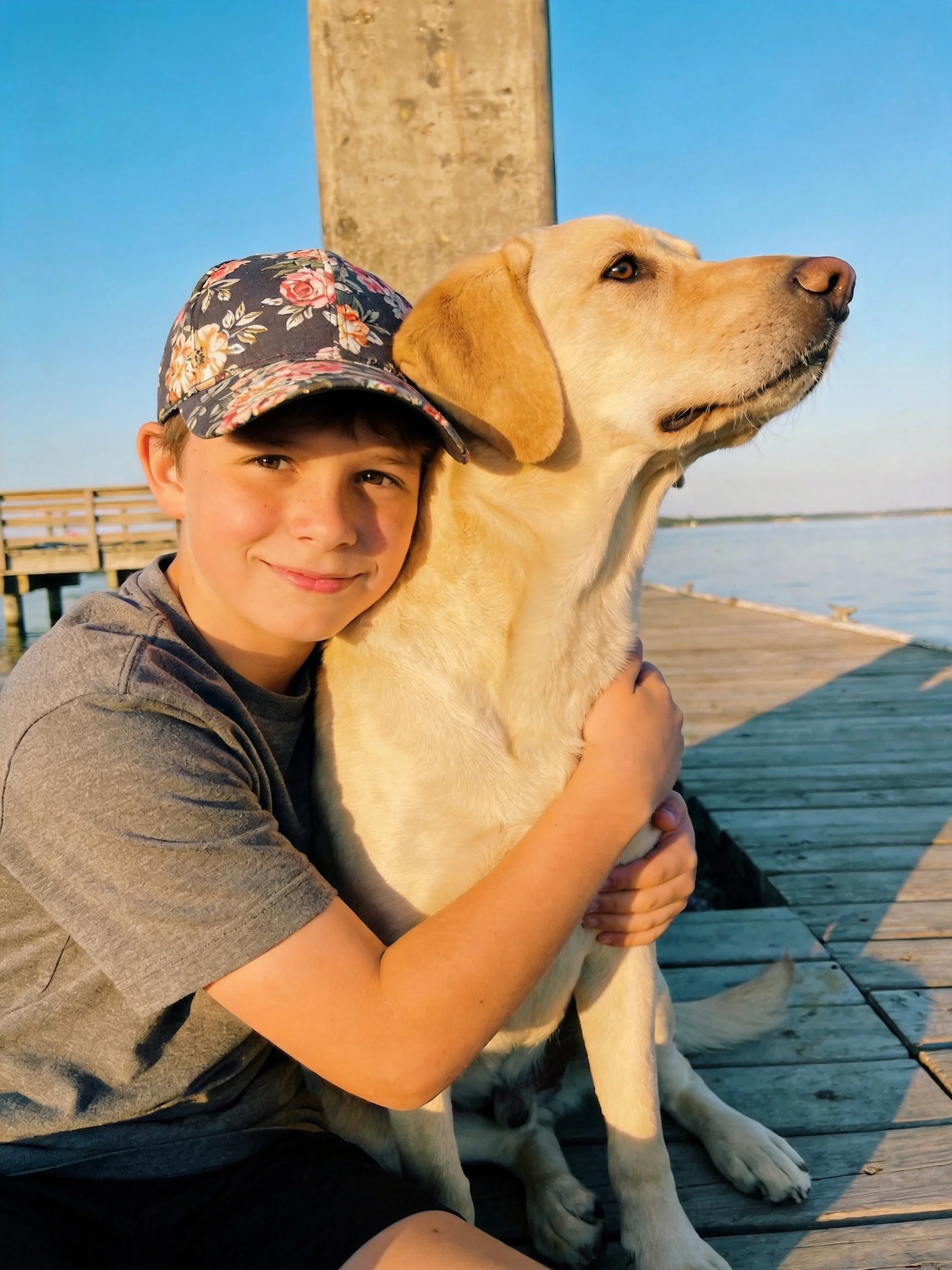 A boy embraces his golden Labrador on a wooden dock beside calm water.