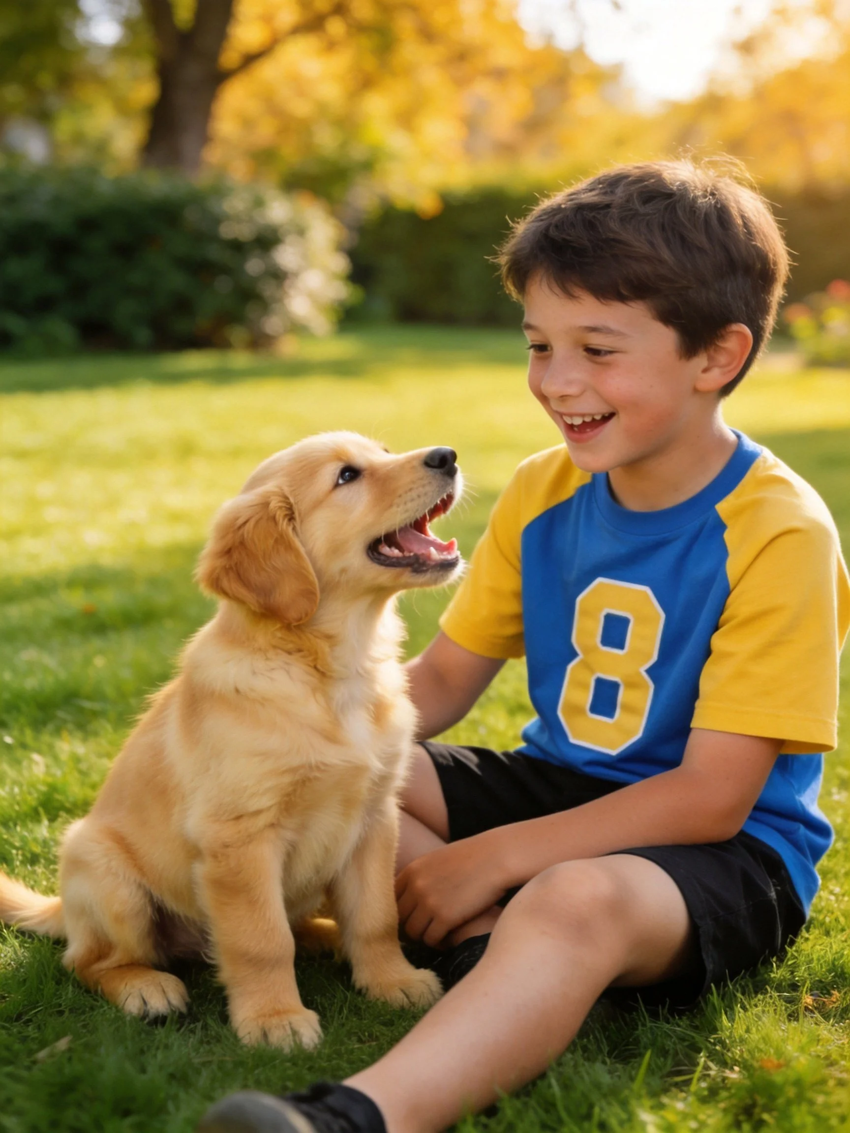 A boy in a blue and yellow shirt shares a moment with a golden retriever puppy in a sunny outdoor setting