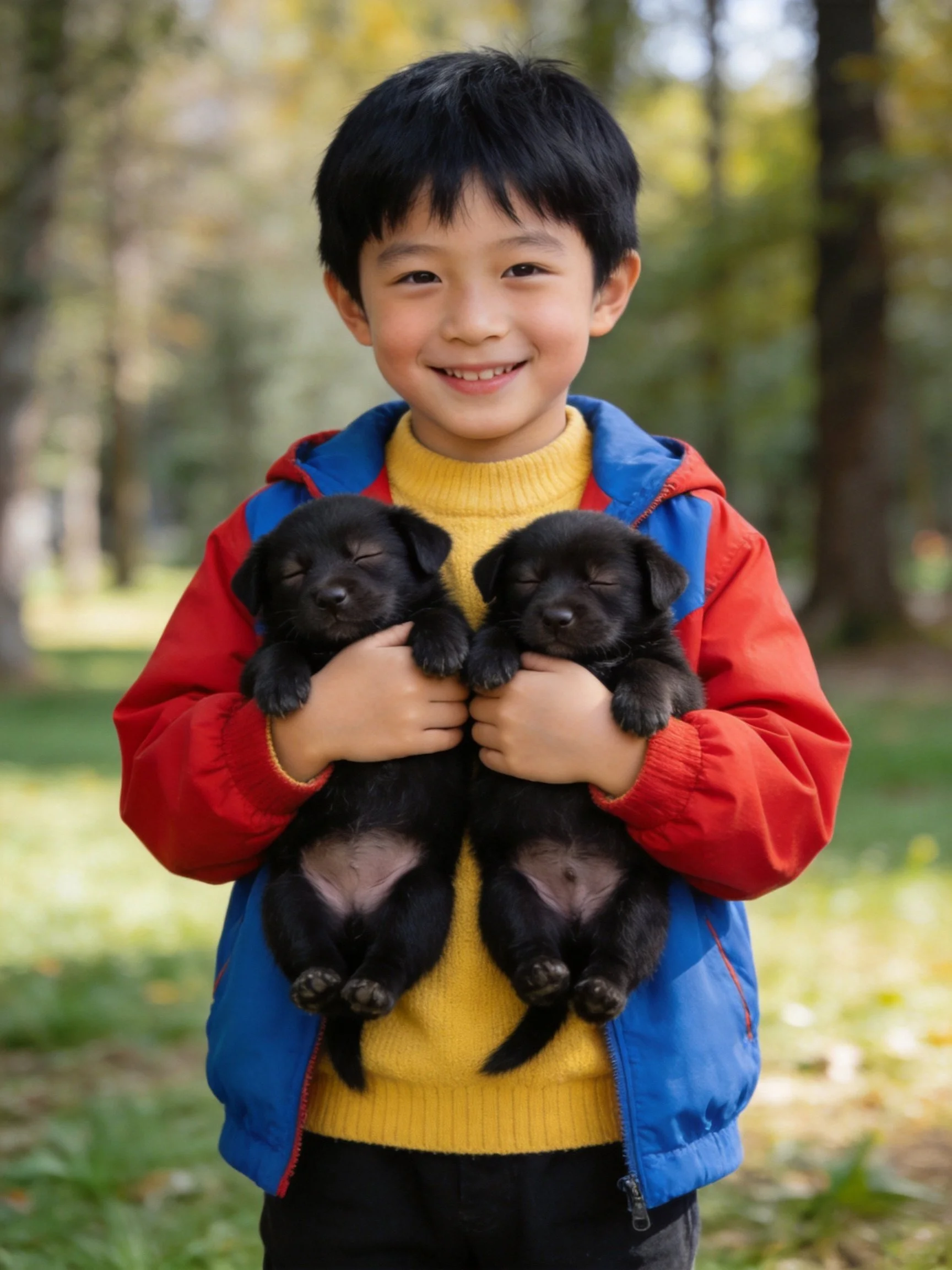 A boy holds two black puppies in an outdoor setting.