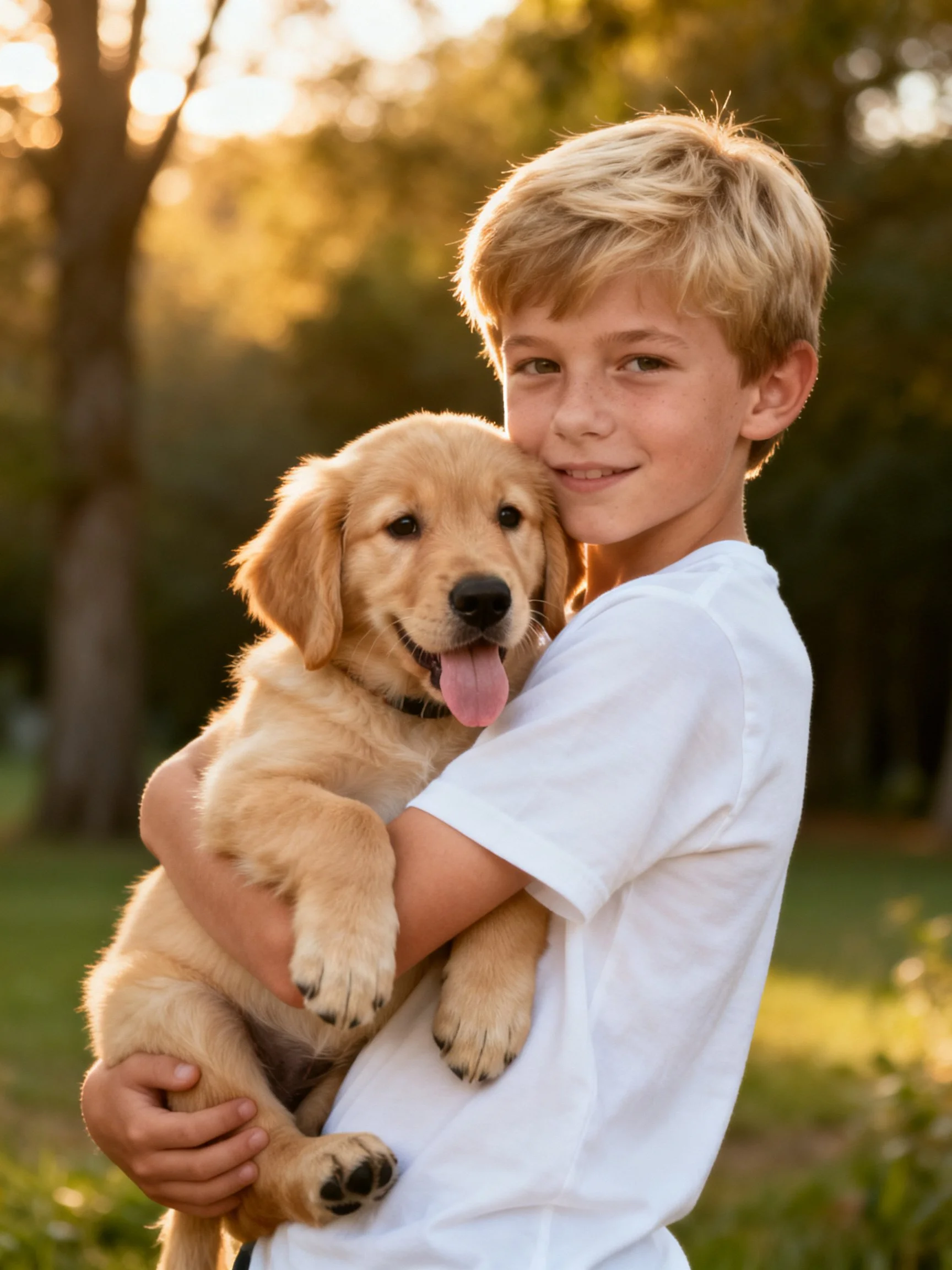 A boy holds a golden retriever puppy in a sunlit outdoor area