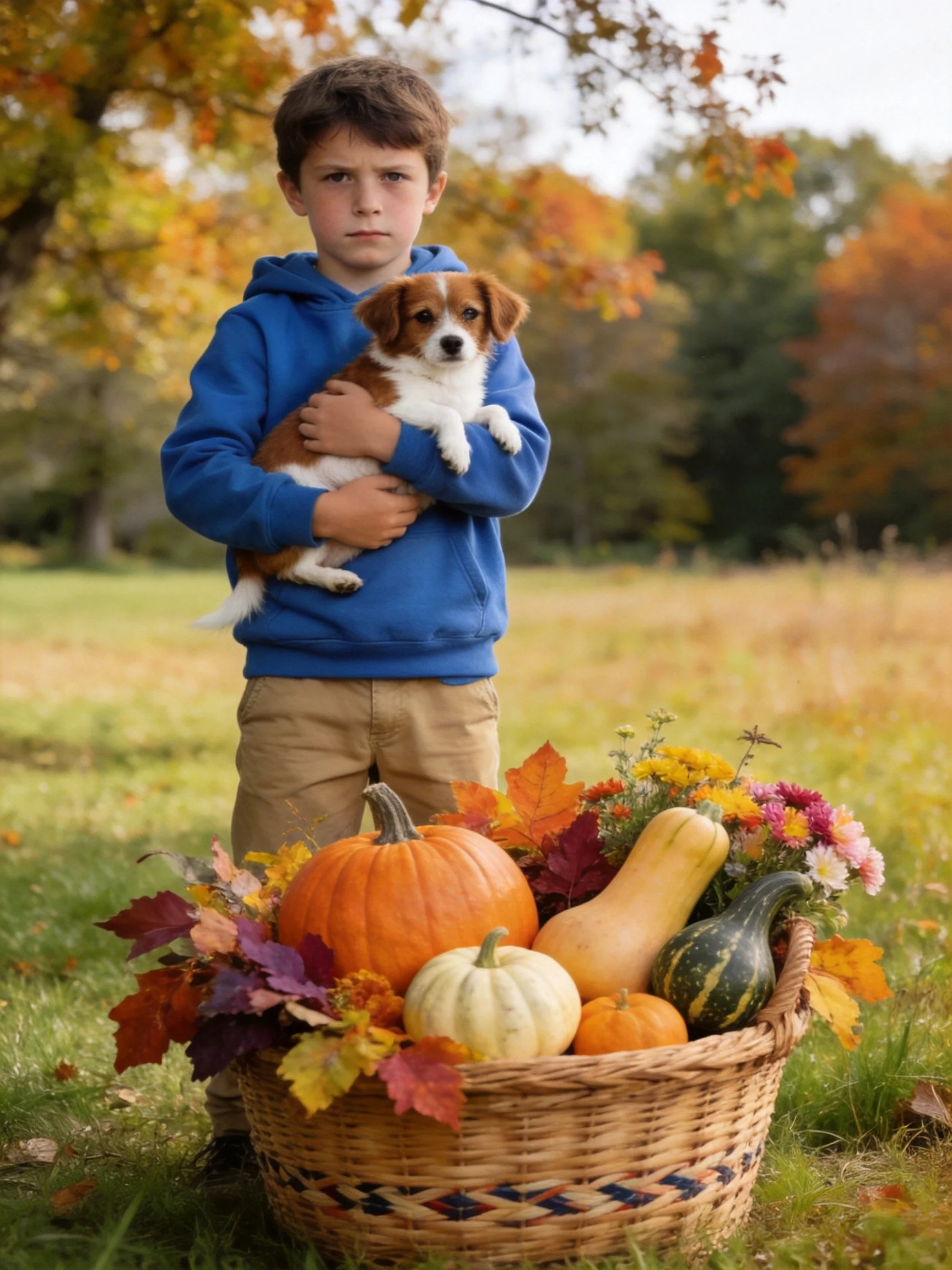 A boy in a blue hoodie holds a puppy next to a basket of autumn items in an outdoor area
